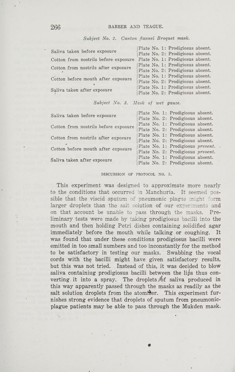 Subject No. 2. Canton flannel Broquet mask. Saliva taken before exposure [Plate No 3: Predisionus absent Cotton from nostrils before exposure Plate No. 1: Prodigiosus absent. Cotton from nostrils after exposure | an ©, - a a rae Cotton before mie after exposure ee oa = Sekai sie sh cidigcstinch Ch a Sa Fae g ier een eee Subject No. 3. Mask of wet gauze. Saliva taken before exposure nee 4 pees ovis aieent: | Plate No. 2: Prodigiosus absent. : {Plate No. 1: Prodigiosus absent. Cotton from nostrils before exposure | Plate Ne: 2 Paadl Hoaus: wbacnt, |Plate No. 1: Prodigiosus absent. Cotton from nostrils after exposure |Plate No. 2: Prodigiosus absent. ss | Plate No. 1: Prodigiosus present. Cotton before mouth after exposure \Plate No. 2: Prodigiosus present. : |Plate No. 1: Prodigiosus absent. maliye Jaen acice eaposute |Plate No. 2: Prodigiosus absent. DISCUSSION OF PROTOCOL NO. 5. This experiment was designed to approximate more nearly to the conditions that occurred in Manchuria. It seemed pos- Sible that the viscid sputum of pneumonic plague might form larger droplets than the salt solution of our experiments and on that account be unable to pass through the masks. Pre- liminary tests were made by taking prodigiosus bacilli into the mouth and then holding Petri dishes containing solidified agar immediately before the mouth while talking or coughing. It was found that under these conditions prodigiosus bacilli were emitted in too small numbers and too inconstantly for the method to be satisfactory in testing our masks. Swabbing the vocal cords with the bacilli might have given satisfactory results, but this was not tried. Instead of this, it was decided to blow saliva containing prodigiosus bacilli between the lips thus con- verting.it into a spray. The droplets fof saliva produced in this way apparently passed through the masks as readily as the galt solution droplets from the atomMer. This experiment fur- nishes strong evidence that droplets of sputum from pneumonic- plague patients may be able to pass through the Mukden mask. ’