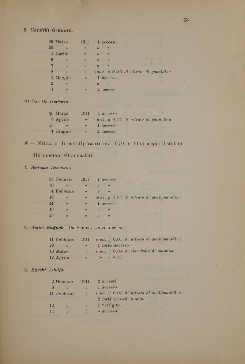 10 Caretti 29 Marzo 1911 1 accesso 30 » » » » 7 » » » » 8 » » iniez. g 0.20 di nitrato di guanidina 2 » » » » Umberto. 26 Marzo 1911 1 accesso 8 Aprile » iniez. g 0.20 di nitrato di guanidina 15 » » 1 accesso 4 Giugno » 2 accessì 28 Gennaio 1911 1 accesso 30 » » » » 4 Febbraio » » » 10 » » iniez. g 0.02 di nitrato di metilguanidina 14 » » 1 accesso 19 » » » » 25 » » » » 11 Febbraio 1911 iniez. g 0.05 di nitrato di metilguanidina 28 » » 1 forte accesso 10 Marzo » iniez. g 0.04 di cloridrato di guanina 12 Aprile » DRY C0.1O 2 Gennaio 1911 2 accessi 6 » » 1 accesso 11 Febbraio » iniez. g 0.05 di nitrato di metilguanidina 2 forti accessi la sera 12 » » 1 vertigine 14 » » » accesso