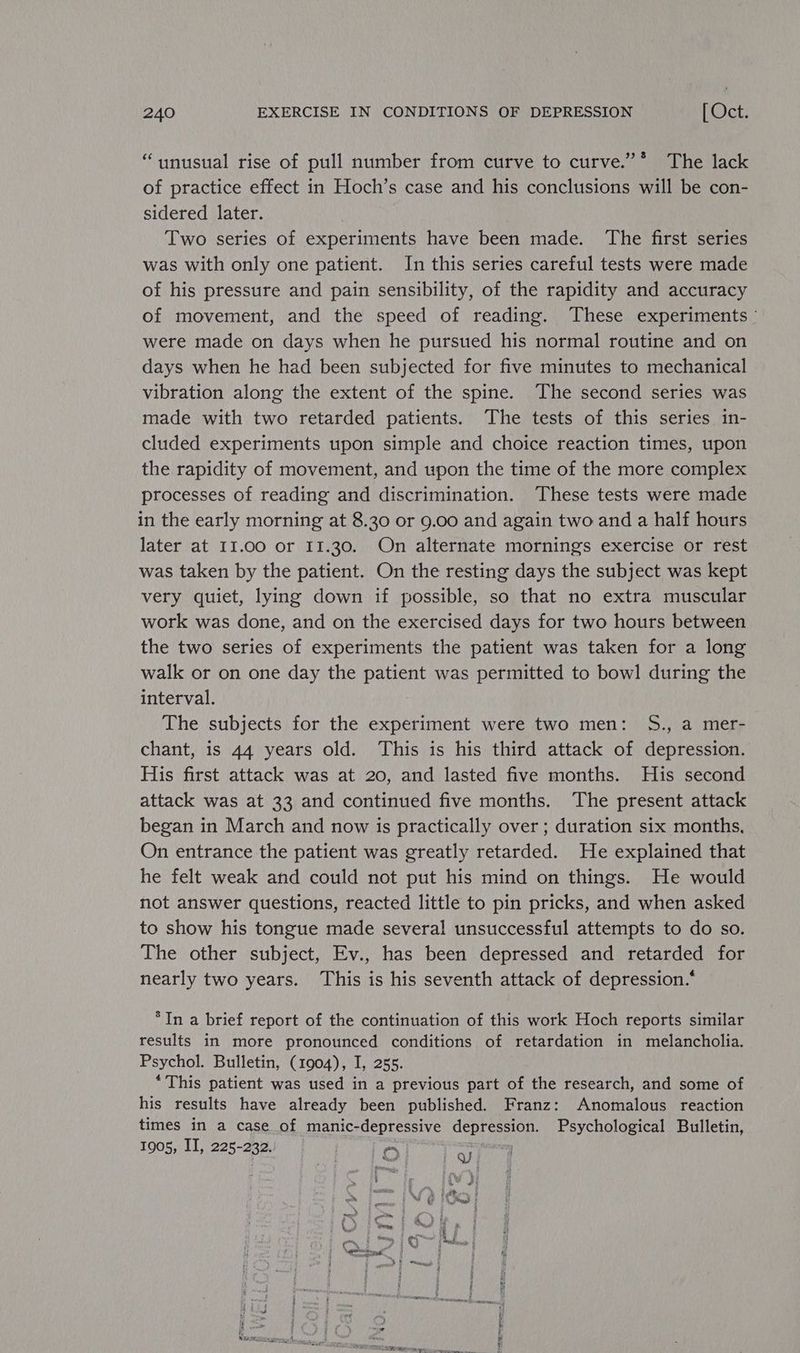 “unusual rise of pull number from curve to curve.” * The lack of practice effect in Hoch’s case and his conclusions will be con- sidered later. Two series of experiments have been made. The first series was with only one patient. In this series careful tests were made of his pressure and pain sensibility, of the rapidity and accuracy of movement, and the speed of reading. These experiments ° were made on days when he pursued his normal routine and on days when he had been subjected for five minutes to mechanical vibration along the extent of the spine. The second series was made with two retarded patients. The tests of this series in- cluded experiments upon simple and choice reaction times, upon the rapidity of movement, and upon the time of the more complex processes of reading and discrimination. These tests were made in the early morning at 8.30 or 9.00 and again two and a half hours later at I1.00 or 11.30. On alternate mornings exercise or rest was taken by the patient. On the resting days the subject was kept very quiet, lying down if possible, so that no extra muscular work was done, and on the exercised days for two hours between the two series of experiments the patient was taken for a long walk or on one day the patient was permitted to bowl during the interval. The subjects for the experiment were two men: S., a mer- chant, is 44 years old. This is his third attack of depression. His first attack was at 20, and lasted five months. His second attack was at 33 and continued five months. The present attack began in March and now is practically over ; duration six months, On entrance the patient was greatly retarded. He explained that he felt weak and could not put his mind on things. He would not answer questions, reacted little to pin pricks, and when asked to show his tongue made several unsuccessful attempts to do so. The other subject, Ev., has been depressed and retarded for nearly two years. This is his seventh attack of depression.* *In a brief report of the continuation of this work Hoch reports similar results in more pronounced conditions of retardation in melancholia. Psychol. Bulletin, (1904), I, 255. “This patient was used in a previous part of the research, and some of his results have already been published. Franz: Anomalous reaction times in a case of manic-depressive mabey Psychological Bulletin, 1905, II, 225-23, oO