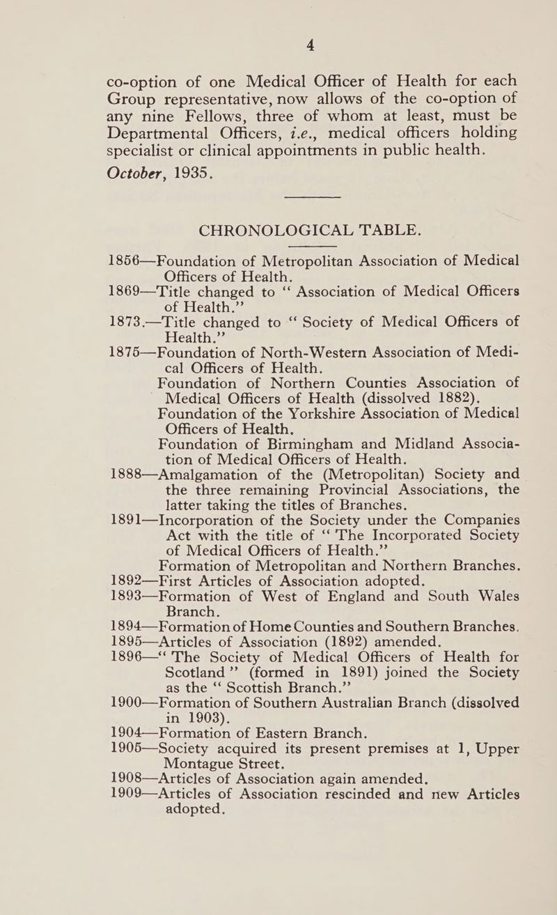 co-option of one Medical Officer of Health for each Group representative, now allows of the co-option of any nine Fellows, three of whom at least, must be Departmental Officers, 7.e., medical officers holding specialist or clinical appointments in public health. October, 1935. CHRONOLOGICAL TABLE. 1856—Foundation of Metropolitan Association of Medical Officers of Health. 1869—Title changed to “ Association of Medical Officers of Health.” 1873.—Title changed to ‘‘ Society of Medical Officers of Health.” 1875—Foundation of North-Western Association of Medi- cal Officers of Health. Foundation of Northern Counties Association of Medical Officers of Health (dissolved 1882). Foundation of the Yorkshire Association of Medical Officers of Health. Foundation of Birmingham and Midland Associa- tion of Medical Officers of Health. 1888—Amalgamation of the (Metropolitan) Society and the three remaining Provincial Associations, the latter taking the titles of Branches. 1891—Incorporation of the Society under the Companies Act with the title of ‘‘ The Incorporated Society of Medical Officers of Health.” Formation of Metropolitan and Northern Branches. 1892—First Articles of Association adopted. 1893—Formation of West of England and South Wales Branch. 1894—Formation of Home Counties and Southern Branches. 1895—Articles of Association (1892) amended. 1896—‘‘ The Society of Medical Officers of Health for Scotland’ (formed in 1891) joined the Society as the “‘ Scottish Branch.”’ 1900—Formation of Southern Australian Branch (dissolved in 1903). 1904—-Formation of Eastern Branch. 1905—Society acquired its present premises at 1, Upper Montague Street. 1908—Articles of Association again amended. 1909—Articles of Association rescinded and new Articles adopted.