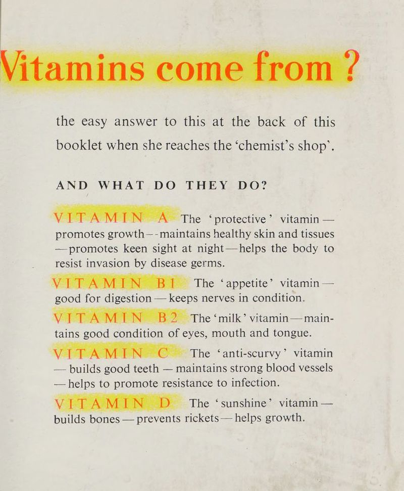booklet when she reaches the ‘chemist’s shop’. AND WHAT DO THEY DO? (EP NPP ROSE The ‘protective > vitamin — promotes growth—- maintains healthy skin and tissues —promotes keen sight at night—helps the body to resist invasion by disease germs. VITAMIN Bl The ‘appetite’ vitamin — oo a digestion — keeps nerves in condition. yal lls B82 The ‘milk’ vitamin—main- tains sad condition oi eyes, mouth and tongue. * - The ‘anti-scurvy’ vitamin — builds good teeth — maintains strong blood vessels pas 1D ee resistance to infection. . D_ The ‘sunshine’ vitamin — builds bones — prevents rickets— helps growth.