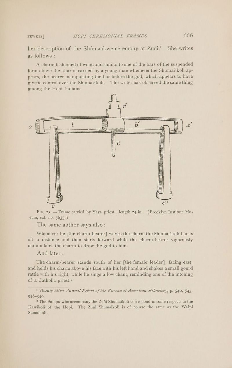 her description of the Shumaakwe ceremony at Zufi.’ She writes as follows : A charm fashioned of wood and similar to one of the bars of the suspended form above the altar is carried by a young man whenever the Shumai’koli ap- pears, the bearer manipulating the bar before the god, which appears to have mystic control over the Shumai’koli. The writer has observed the same thing among the Hopi Indians. / a i Ato |e 4 A S. EI =) ;: . E e r iy é Fic, 23. — Frame carried by Yaya priest; length 24 in. (Brooklyn Institute Mu- eum, cat. no. 5633.) The same author says also: Whenever he [the charm-bearer] waves the charm the Shumai’koli backs off a distance and then starts forward while the charm-bearer vigorously manipulates the charm to draw the god to him. And later: The charm-bearer stands south of her [the female leader], facing east, and holds his charm above his face with his left hand and shakes a small gourd rattle with his right, while he sings a low chant, reminding one of the intoning of a Catholic priest.2 1 Twenty-third Annual Report of the Bureau of American Ethnology, p. 540, 543; 548-549. 2The Saiapa who accompany the Zufii Shumaikoli correspond in some respects to the Kawikoli of the Hopi. The Zufii Shumaikoli is of course the same as the Walpi