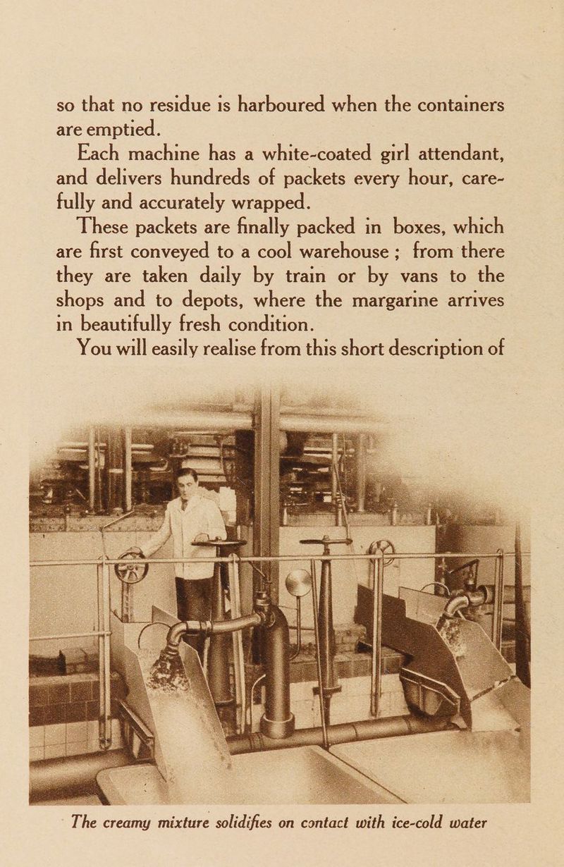 so that no residue is harboured when the containers are emptied. 7 Each machine has a white-coated girl attendant, and delivers hundreds of packets every hour, care- fully and accurately wrapped. These packets are finally packed in boxes, which are first conveyed to a cool warehouse ; from there they are taken daily by train or by vans to the shops and to depots, where the margarine arrives in beautifully fresh condition. You will easily realise from this short description of The creamy mixture solidifies on contact with ice-cold water