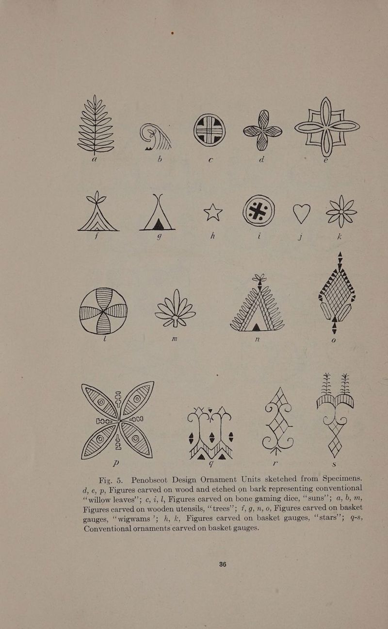 Fig. 5. Penobscot Design Ornament Units sketched from Specimens. d, e, p, Figures carved on wood and etched on bark representing conventional ‘“willow leaves’’; c, 2, l, Figures carved on bone gaming dice, “‘suns’’; a, 6, m, Figures carved on wooden utensils, ‘trees’; f, g, n, 0, Figures carved on basket eauges, “wigwams ’; h, k, Figures carved on basket gauges, “stars’’; 9-8, Conventional ornaments carved on basket gauges.
