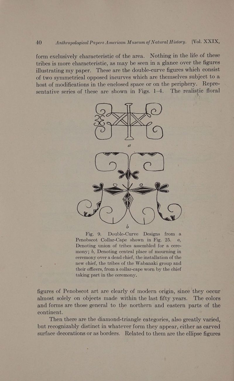 form exclusively characteristic of the area. Nothing in the life of these tribes is more characteristic, as may be seen in a glance over the figures illustrating my paper. These are the double-curve figures which consist of two symmetrical opposed incurves which are themselves subject to a ~ host of modifications in the enclosed space or on the periphery. Repre- sentative series of these are shown in Figs. 1-4. The realistic floral Fig. 9. Double-Curve Designs from a Penobscot Collar-Cape shown in Fig. 25. a, Denoting union of tribes assembled for a cere- mony; b, Denoting central place of mourning in ceremony over a dead chief, the installation of the new chief, the tribes of the Wabanaki group and their officers, from a collar-cape worn by the chief taking part in the ceremony. figures of Penobscot art are clearly of modern origin, since they occur almost solely on objects made within the last fifty years. The colors and forms are those general to the northern and eastern parts of the continent. Then there are the diamond-triangle categories, also greatly varied, but recognizably distinct in whatever form they appear, either as carved surface decorations or as borders. Related to them are the ellipse figures