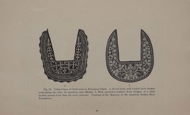 Fig. 23. Collar-Capes of Cloth worn by Penobscot Chiefs. a, Of red cloth, with beaded curve designs symbolizing the tribe, its members, and officials; 6, With protective realistic floral designs, of a more modern period of art than the curve patterns. Courtesy of the Museum of the American Indian, Heye Foundation.