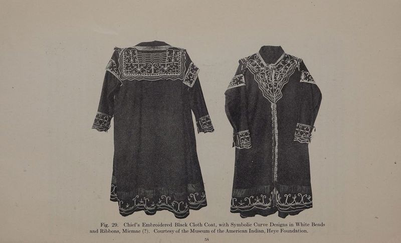 Fig. 29. Chief’s Embroidered Black Cloth Coat, with Symbolic Curve Designs in White Beads and Ribbons, Micmac (?). Courtesy of the Museum of the American Indian, Heye Foundation. *