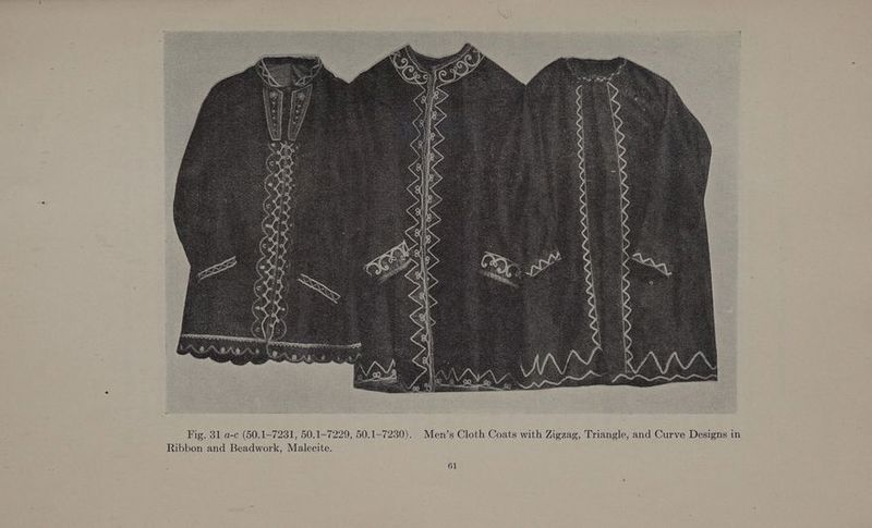 Fig. 31 a-c (50.1-7231, 50.1-7229, 50.1-7230). Men’s Cloth Coats with Zigzag, Triangle, and Curve Designs in Ribbon and Beadwork, Malecite.