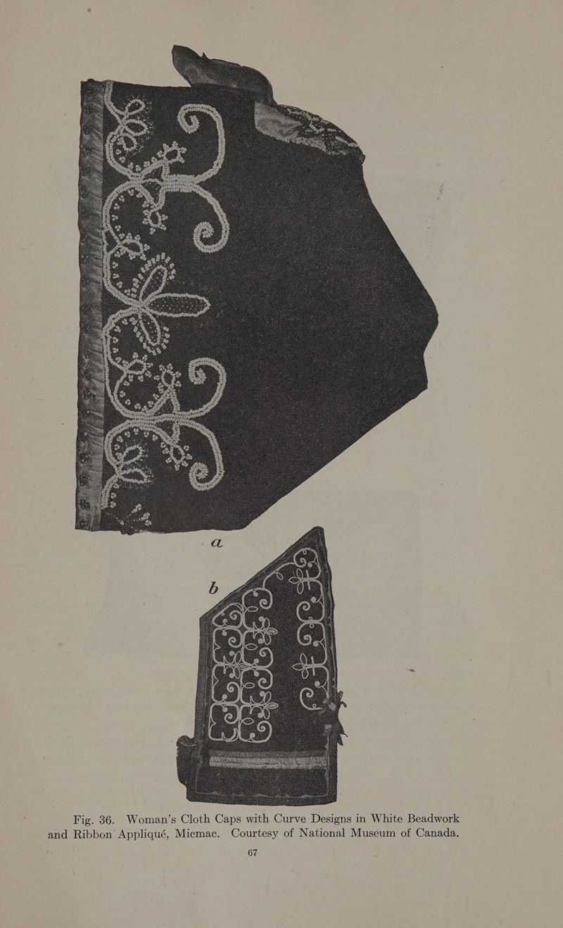 Fig. 36. Woman’s Cloth Caps with Curve Designs in White Beadwork and Ribbon Appliqué, Micmac. Courtesy of National Museum of Canada.