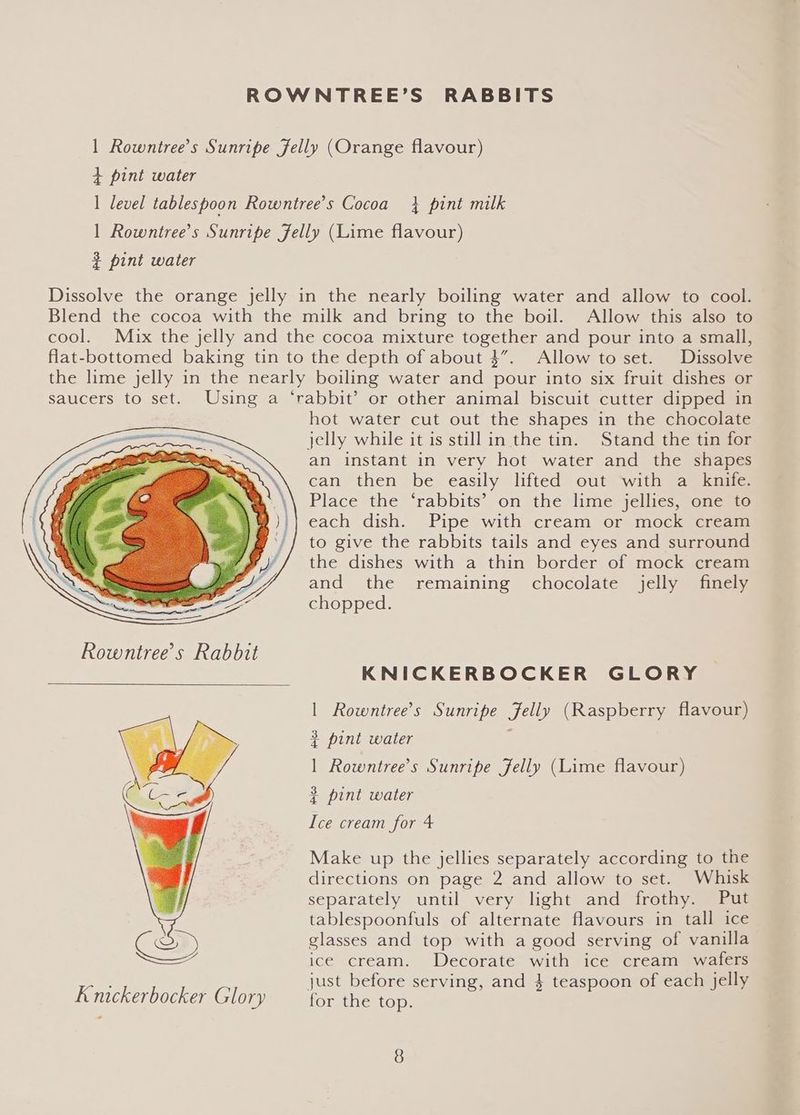 4 pint water pint water hot water cut out the shapes in the chocolate an instant in very hot water and the shapes can then be easily lifted out with a knife. Place the ‘rabbits’ on the lime jellies, one to each dish. Pipe with cream or mock cream to give the rabbits tails and eyes and surround the dishes with a thin border of mock cream and the remaining chocolate jelly finely chopped. KNICKERBOCKER GLORY 1 Rowntree’s Sunripe Jelly (Raspberry flavour) 3 pint water 1 Rowntree’s Sunripe Jelly (Lime flavour) 3 pint water Ice cream for 4 Make up the jellies separately according to the directions on page 2 and allow to set. Whisk separately until very light and frothy. Put tablespoonfuls of alternate flavours in tall ice glasses and top with a good serving of vanilla ice cream. Decorate with ice cream wafers just before serving, and }$ teaspoon of each jelly for the top.