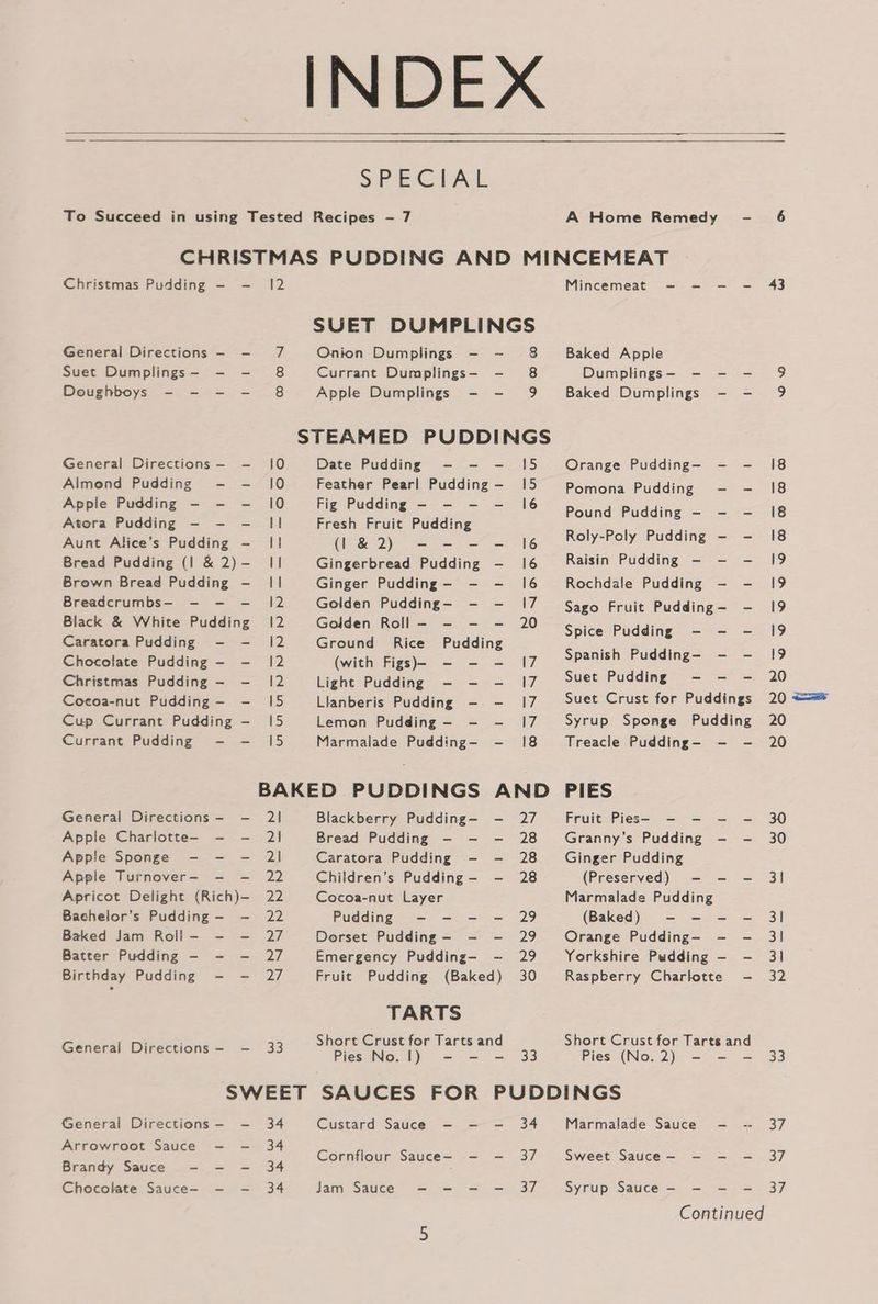 SFE CrAL A Home Remedy Christmas Pudding - —- General Directions -— - Suet Dumplings- - - Doughboys - - -— - General Directions-— —- Almend Pudding - -— Apple Pudding - - - Atora Pudding - - - Aunt Alice’s Pudding — Bread Pudding (I &amp; 2)- Brown Bread Pudding - Breadcrumbs— - —- -— Black &amp; White Pudding Caratora Pudding - —- Chocolate Pudding - - Christmas Pudding — - Cocoa-nut Pudding- - Cup Currant Pudding —- Currant Pudding - —- General Directions - —- Apple Charlotte- - — Apple Sponge - - -—- Apple Turnover—- - — Apricot Delight (Rich)- Bashelor’s Pudding -— - Baked Jam Roll- - —- Batter Pudding - - - Birthday Pudding - -— General Directions General Directions- - Arrowroot Sauce —- -— Brandy Sauce - —- -—- 12 ioe) Onion Dumplings - — Currant Dumplings-— - Apple Dumplings - - 8 8 a Mincemeat = =—- -— = Baked Apple Dumplings- - - - Baked Dumplings 10 Date Pudding - - - 15 Orange Pudding- - —- 10 Feather Pearl Pudding- 15 Pomona Pudding —- - ie Fig Padaing oo a8 peund Pudding - - - 1] Fresh Fruit Pudding ; 1 (ied semen 16 Roly-Poly Pudding - - 11 Gingerbread Pudding - 16 Raisin Pudding - - - 11 Ginger Pudding - - -— 16 Rochdale Pudding —- - 12 Golden Pudding- - - 17 Sago Fruit Pudding- - 12 Golden Roll - - - - 20 Spice Pidding =o = = 12 Ground Rice Pudding Sore boda) 12 (with: Figs) = = =. 417 pee Near Sara 12 Light Pudding - - - 17 Suet Pudding - - - 15 Llanberis Pudding -—. - 17 Suet Crust for Puddings 15 Lemon Pudding - - - 17 Syrup Sponge Pudding 15 Marmalade Pudding— - 18 Treacle Pudding- - - BAKED PUDDINGS AND PIES 21 Blackberry Pudding— - 27 Fruit Pies- - - —- - 2 Bread Pudding - -—- -— 28 #Granny’s Pudding - - 2) Caratora Pudding - -— 28 Ginger Pudding 22 Children’s Pudding- - 28 (Preserved) - -— — pL Cocoa-nut Layer Marmalade Pudding 22 Pudding - - - — 29 (Baked) - - - - 27 Dorset Pudding - - - 29 Orange Pudding- - - ZT Emergency Pudding— -—- 29 Yorkshire Pudding — - 27 Fruit Pudding (Baked) 30 Raspberry Charlotte - TARTS ee eae Short Crust for Tarts and Short Crust for Tarts and Pies No.1) - - = 33 Pies (No.2) - - —- SWEET SAUCES FOR PUDDINGS 34 Custard Sauce — — — 34 Marmalade Sauce - 9 Cornflour Sauce~— -— -— 37 Sweet Sauce- - —- -— 34 Jam Sauce -—- =—- — — 37 Syrup Sauce - - —- = Chocolate Sauce- - - 43 0 — 37 37