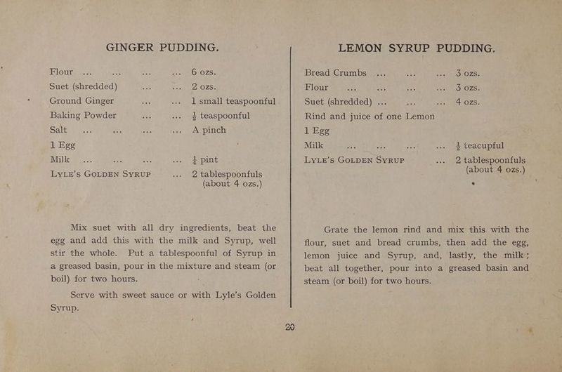 TiouEss): « sla ae po OLS: Suet (shredded) os Yo 3 OZ5. Ground Ginger 1 small teaspoonful Baking Powder 4 teaspoonful Galen lass ont iA Wi pinch 1 Egg i a aa Ae ae ts. ge punt LYLE’S GOLDEN SYRUP 2 tablespoonfuls (about 4 ozs.) Mix suet with all dry ingredients, beat the egg and add this with the milk and Syrup, well stir the whole. Put a tablespoonful of Syrup in a greased basin, pour in the mixture and steam (or boil) for two hours. Serve with sweet sauce or with Lyle’s Golden Syrup. Bread Crumbs ... oe RmEeOt eR A.V Flour SES ae yy bane Rg 25: Suet (shredded) ..: nee 0k ReaD ES » Rind and juice of one Lemon 1 Egg Milk ie Hee are ... ¥ teacupful LYLE’s GOLDEN SYRUP 2 tablespoonfuls (about 4 ozs.) Grate the lemon rind and mix this with the flour, suet and bread crumbs, then add the egg, lemon juice and Syrup, and, lastly, the milk; beat all together, pour into a greased basin and steam (or boil) for two hours.