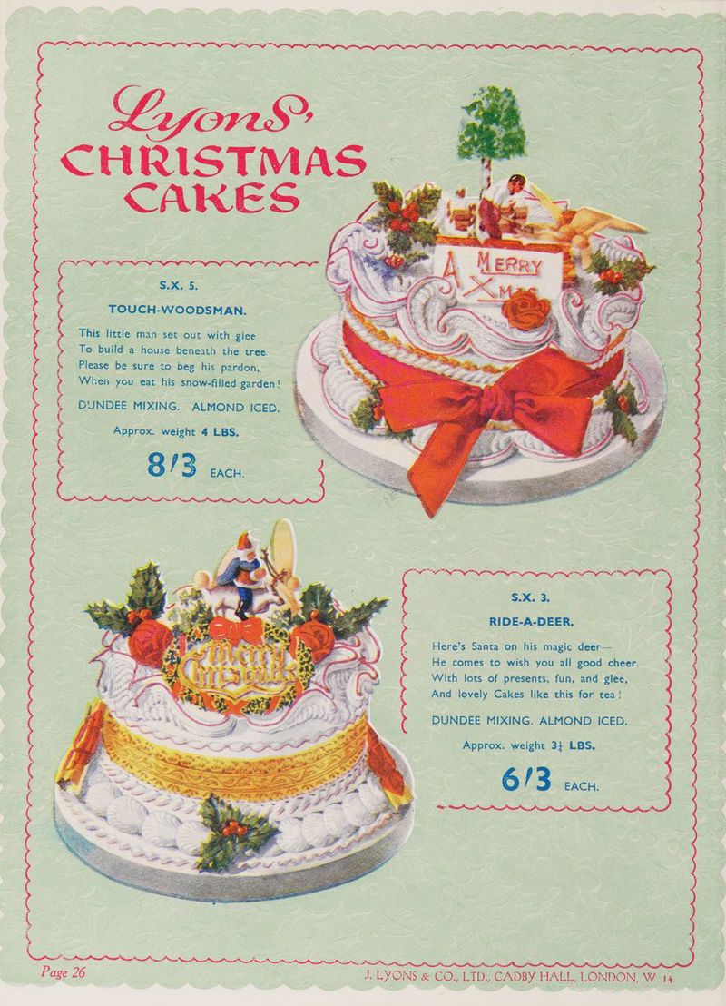 HRISTMAS CAKES This little man set out with glee To build a house beneath the tree Please be sure to beg his pardon, When you eat his snow-filled garden! DUNDEE MIXING. ALMOND ICED S.X. 5. | TOUCH-WOODSMAN. : ¢ { Approx. weight 4 LBS. 8/3 EACH. NNN NOG gy ff S.X. 3. RIDE-A-DEER. Here’s Santa on his magic deer— He comes to wish you all good cheer, With lots of presents, fun, and glee, And lovely Cakes like this for tea! DUNDEE MIXING. ALMOND ICED. Approx. weight 3} LBS. 613 crcu