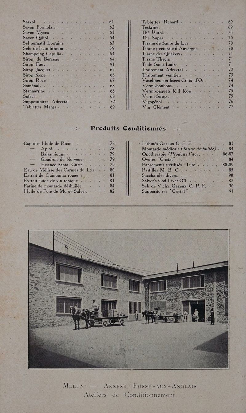 SArTKOÏL RE AE ee ARR NOR EE PPS 6: Tablettes tRenard ER En D 69 Savon Formolan - - : ET O2) 1Néskrine Me RER ON EE et 200 Savon Mysca. Phone DCI EE 46 63 Thé Durol. ere EE en 7 0 Savon Qiitol in ET ST Ed Hhe Super RMC » PR AU 710 Sel purgatif Lorraine . . . : : . . . . 63 Tisane de Santé du Se LATE Eté ET) Selside lacto-lithium eee RE EE 0 Tisane pectorale d'Auvergne . .: . * : . 70 Shampoing Capillia. : . . . . . . . . 64 Tisane des Ouakers NO EN Sir6pidu Berceau ee EN NN EN 04 isanesl'hécla 4 moe Ten be mi een AT SILOP. ag yes MON ER TN est T Hloile:Sainbladre Rens Ce SE] Sirop, Jacquet MN MOT RM 05 Traitement Adrectal : : . . . : . . . 72 SITODAR OPEN, NME TN ENS Or 2 66 Traitement vénitien. . . Fe VER A9 Stop Roze di Ce A ARE EM 67 Vaselines stérilisées Croix d'Or. PNG NT Someha le ea RE RAS LE MIO S M'ermi-bonbons 1: 7 04 ee ER en 7 4 Stannarsine tr MON DL ARR EUR EE EG S Vermi-paquets Kill Koss - - - : : . . 75 SUIVIT ere Us Diet ee rate OS V'ermeSropDe ie ie 0 ee PEN 7s, Suppositoires SRE M Le RS MS / D Vigogénol ele. ou NES 76 Tablettes Margas Amiante. 269 VineGlément me ner TR RAT 7 7 -:- Produits Conditionnés -:- Fous Huile derRioin M TONER “[ithines Gazeux CPE MAP 83 Xpiol ee PRE TERRE ARR TS, Moutarde médicale (farine déshuilée) : . 84 — Balsamiques . : ANAL RE AS) Obpothérapie (Produits Fito). . . . : 86-87 — Goudron de ones PT ju ee ti À Orules Cristal Oo Re RENE 184 —1 Essence Santal Citrin 79 Pansements stérilisés “Tuto” . . : . 88-89 Eau de Mélisse des Carmes du Lys. : : 80 Pastilles NB CREER 2 85 Extrait de Quinquina rouge - .. : . . . 81 Saccharolés divers. + : . : . . . . : . 90 Extrait fluide de vin tonique +: : - . . . 81 Salver's Cod Liver Oil. AU MAR TN e PA Farine de moutarde déshuilée. - + . . : 84 Sels de Vichy Gazeux C. 182 F. es 00 Muile de Foie de Morue Salver. : - . . 82 Suppositoires ‘* Cristal” : . : .- . . . : 91 Ateliers de Conditionnement