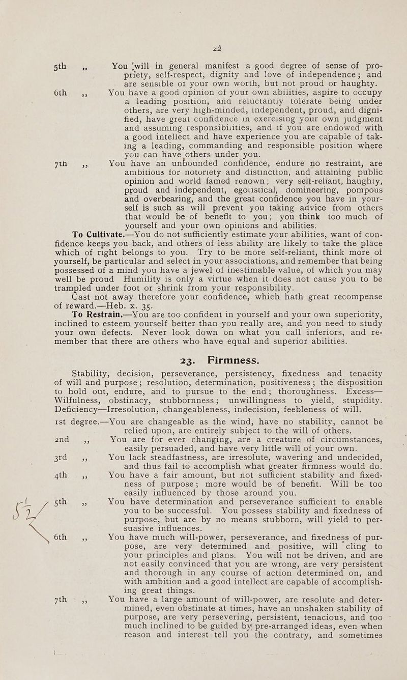 5th ” You ‘will in general manifest a good degree of sense of pro- priety, self-respect, dignity and love of independence; and are sensible ot your own worth, but not proud or haughty. Oth 5 You have a good opinion of your own abilities, aspire to occupy a leading position, and reluctantiy tolerate being under others, are very high-minded, independent, proud, and digni- fied, have great confidence in exercising your own judgment and assuming responsibilities, and 1f you are endowed with a good intellect and have experience you are capable of tak- ing a leading, commanding and responsible position where you can have others under you. yA bea You have an unbounded confidence, endure no restraint, are ambitious for notoriety and distinction, and attaining public opinion and world famed renown; very self-reliant, haughty, proud and independeut, egotistical, domineering, pompous and overbearing, and the great confidence you have in your- self is such as will prevent you taking advice from others that would be of benefit to you; you think too much of yourself and your Own opinions and abilities. To Cultivate.—You do not sufficiently estimate your abilities, want of con- fidence keeps you back, and others of less ability are likely to take the place which of right belongs to you. Try to be more self-reliant, think more ot yourself, be particular and select in your associations, and remember that being possessed of a mind you have a jewel of inestimable value, of which you may well be proud Humility is only a virtue when it does not cause you to be trampled under foot or shrink from your responsibility. Cast not away therefore your confidence, which hath great recompense of reward.—Heb. x. 35. To Restrain.—You are too confident in yourself and your own superiority, inclined to esteem yourself better than you really are, and you need to study your own defects. Never look down on what you call inferiors, and re- member that there are others who have equal and superior abilities. 23. Firmness. Stability, decision, perseverance, persistency, fixedness and tenacity of will and purpose; resolution, determination, positiveness; the disposition to hold out,- endure,. and, to pursue. to the end; thoroughnéss: “Excess— Wilfulness, obstinacy, stubbornness; unwillingness to yield, stupidity. Deficiency—Irresolution, changeableness, indecision, feebleness of will. 1st degree.—You are changeable as the wind, have no stability, cannot be. relied upon, are entirely subject to the will of others. suMal You are for ever changing, are a creature of circumstances, easily persuaded, and have very little will of your own. 3rd a You lack steadfastness, are irresolute, wavering and undecided, and thus fail to accomplish what greater firmness would do. Atl everss You have a fair amount, but not sufficient stability and fixed- ness of purpose; more would be of benefit. Will be too easily influenced by those around you. Ctlleniss You have determination and perseverance sufficient to enable you to be successful. You possess stability and fixedness of purpose, but are by no means stubborn, will yield to per- suasive influences. Gthimeae.. You have much will-power, perseverance, and fixedness of pur- pose, are very determined and positive, will cling to your principles and plans. You will not be driven, and are not easily convinced that you are wrong, are very persistent and thorough in any course of action determined on, and with ambition and a good intellect are capable of accomplish- ing great things. Pilea You have a large amount of will-power, are resolute and deter- mined, even obstinate at times, have an unshaken stability of purpose, are very persevering, persistent, tenacious, and too much inclined to be guided by! pre-arranged ideas, even when reason and interest tell you the contrary, and sometimes