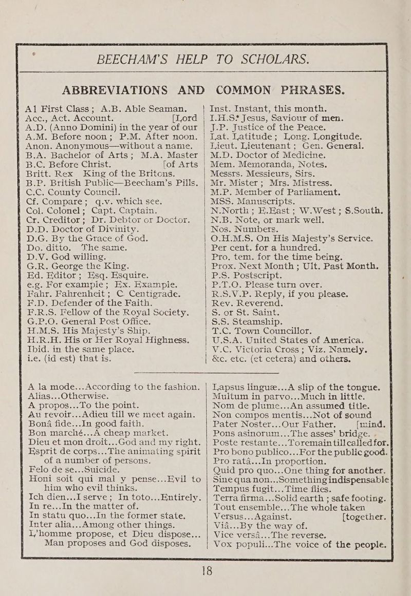 Al First Class; A.B. Able Seaman. § Acc., Act. Account. f A.D. (Anno Domini) in the year of our fF A.M. Before noon; P.M. After noon. Anon. Anonymous—without a name. | B.A. Bachelor of Arts; M.A. Master + B.C. Before Christ. fof Arts Britt. Rex King of the Britons. f B.P. British Public—Beecham’s Pills. | C.C. County Council. | Cf. Compare; q.v. which see. f Col. Colonel; Capt. Captain. f Cr. Creditor; Dr. Debtor or Doctor. : D.D. Doctor of Divinity. 1 D.G. By the Grace of God. Do. ditto. The same. D.V. God willing. G.R. George the King. Ed. Editor; Esq. Esquire. e.g. For exampie; Hx. Example. Fahr. Fahrenheit; C Centigrade. } F.D. Defender of the Faith. F.R.S. Fellow of the Royal Society. G.P.O. General Post Office. .M.S. His Majesty’s Ship. .R.H. His or Her Royal Highness. bid. in the same place. e. (id est) that is. A la mode...According to the fashion. Alias...Otherwise. A propos...To the point. Au revoir...Adieu till we meet again. Bona fide...In good faith. Bon marché...A cheap market. Dieu et mon droit...God and my right. | Esprit de corps...The animating spirit of a number of persons. i Felo de se...Suicide. Honi soit qui mal y pense.. him who evil thinks. Ich dien...I serve; In toto...Entirely. In re...In the matter of. In statu quo...In the former state. Inter alia... Among other things. L/homme propose, et Dieu dispose... Man proposes and God disposes. -Evil to PHRASES. Inst. Instant, this month. J.P. Justice of the Peace. Lat. Latitude; Long. Longitude. Gen. General. M.D. Doctor of Medicine. Mem. Memoranda, Notes. Messrs. Messieurs, Sirs. Mr. Mister; Mrs. Mistress. M.P. Member of Parliament. MSS. Manuscripts. E.Kast ; W.West ; S.South. N.B. Note, or mark well. Nos. Numbers. O.H.M.S. On His Majesty’s Service. Per cent. for a hundred. Pro, tem. for the time being. Prox. Next Month ; Ult. Past Month. P.S. Postscript. R.S.V.P. Reply, if you please. Rev. Reverend. S. or St. Saint. S.S. Steamship. T.C. Town Councillor. U.S.A. United States of America. &amp;c. etc. (et cetera) and others. Lapsus lingue...A slip of the tongue. Multum in parvo...Much in little. Nom de plume...An assumed title. Non compos mentis...Not of sound Pater Noster...Our Father. [inind. Pons asinorum...The asses’ bridze. . Poste restante... Toremain till called for. Pro bono publico...For the public good. | Pro rata...In proportion. Quid pro quo...One thing for another. | Sine qua non...Something indispensable Tempus fugit... Time flies. Terra firma.. Solid earth ; safe footing. Tout ensemble...’The whole taken Versus... Against. [together. Via...By the way of. Vice versa... The reverse. Vox populi...The voice of the people. |