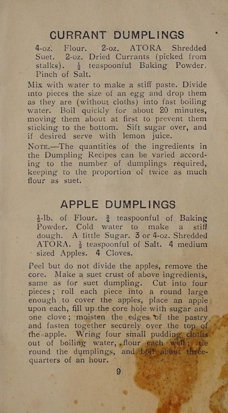CURRANT DUMPLINGS ; 4-oz. Flour. 2@-oz, ATORA Shredded Suet. 2-oz. Dried Currants (picked from stalks). 4 teaspoonful Baking Powder, Pinch of Salt. Mix with water to make a stiff paste. Divide into pieces the size of an egg and drop them as they are (without cloths) into fast boiling water. Boil quickly for about 20 minutes, moving them about at first to prevent them sticking to the bottom. Sift sugar over, and if desired serve with lemon _ juice. Nore.—The quantities of the ingredients in the Dumpling Recipes can be varied accord- ing to the number of dumplings required, keeping to the proportion otf twice as much flour as suet. APPLE DUMPLINGS 3-lb. of Flour. 2 teaspoonful of Baking Powder. Cold water to make a | stiff dough. A littl Sugar. 3 or 4-0z. Shredded ATORA. 3 teaspoonful of Salt. 4 medium - sized Apples. 4 Cloves. Peel but do not divide the apples, remove the core. Make a suet crust of above ingredients, same as for suet dumpling. Cut into four _ pieces; roll each piece into a round large enough to cover the apples, place an apple: upon each, fill up .the core hole with sugar and one clove; moisten the edges: ‘of the pastry . and fasten together securely over the top, of the-apple. Wring four small pudding out of boiling water, »flour .« round the dumplings, and quarters of an hour.