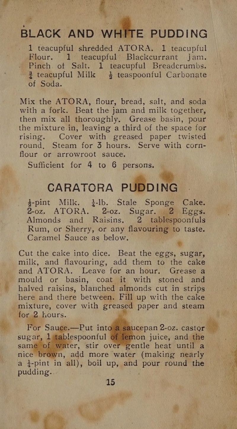 BLACK AND _ oe PUDDING 1 teacupful shredded ATORA. 1 teacupful Flour. 1 teacupful’ Blackcurrant Jam. Pinch of Salt. 1 teacupful Breadcrumbs. 2 teacupful Milk 4 teaspoonful Carbonate of Soda. Mix the ATORA, flour, bread, salt, and soda with a fork. Beat the jam and milk together, then mix all thoroughly. Grease basin, pour the mixture.in, leaving a third of the space for rising. Cover with greased paper twisted round, Steam for 3 hours. Serve with corn- flour or arrowroot sauce. Sufficient for 4 to 6 persons. ‘ty CARATORA PUDDING 3-pint Milk. 3-lb. Stale Sponge Cake. 2-0z. ATORA. 2-oz. . Sugar. gga Eggs, Almonds and Raisins. 2 Detepponiuls Rum, or Sherry, or any flavouring to taste. Caramel Sauce as below. Cut the cake into dice. Beat the eggs, sugar, milk, and flavouring, add them to the cake and ATORA. Leave for an hour. Grease a mould or basin, coat it with stoned and halved raisins, blanched almonds cut in strips here and there between. Fill up with the cake mixture, cover with greased paper and steam for 2 hours. on juice, and the entle heat until a ter, stir ove add more water (making nearly 3-pint in all), boil up, and pour round the Padding!