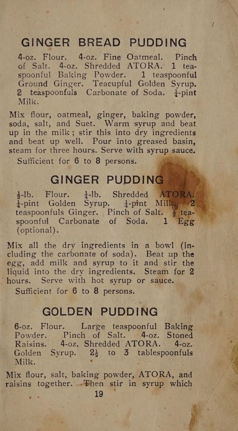 GINGER BREAD PUDDING 4-oz. Flour. 4-oz. Fine Oatmeal. Pinch of Salt. 4-oz. Shredded ATORA. 1 tea- spoonful. Baking Powder. 1 teaspoonful Ground Ginger. Teacupful Golden Syrup. 2 teaspoonfuls Carbonate of Soda. i-pint Milk. Mix flour, oatmeal, ginger, baking powder, soda, salt, and Suet. Warm syrup and beat up in the milk; stir this into dry ingredients and beat up well. Pour into greased basin, steam for three hours. Serve with syrup sauce, Sufficient for 6 to 8 persons. GINGER PUDDING 3-lb. Flour. 4-lb. Shredded A 3-pint Golden Syrup. j-pint Milk teaspoonfuls Ginger. _ Pinch of Salt. 4 tea spoonful Carbonate of Soda. 1 (optional). Mix all the dry ingredients in a bowl (in- cluding the carbonate of soda). Beat up the egg, add milk and syrup to it and stir the liquid into the dry ingredients. Steam for 2 “hours. Serve with hot syrup or sauce. Sufficient for 6 to 8 persons. GOLDEN PUDDING 6-oz. Flour. Large teaspoonful Baking Powder. Pinch of Salt. 4-oz. Stoned Raisins. 4-oz. Shredded ATORA. 4-oz. Golden Syrup. as too Beta es Milk. Mix flour, salt, baking powder, ATORA, and raisins together. _Bhen stir in syrup which 19 — e *