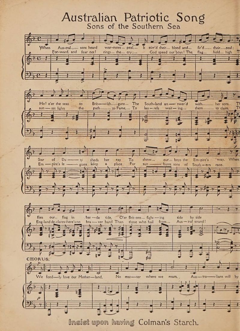 Australian Patriotic Song Sons of the Southern Sa Fe CREE Ry NERS Ei So Sey 6 St ol ae Bae Eee a = A, ET ESSE EPA GSE RE PEE SD BS aS wy. —p—__ | eae ae ae a ee f a at ee aes ae wre Dey, HP a a ee ee 2 a Ho! o'er the seas sh......guns.... The South-land an——swer'd i her sons. sun — set lights pa to Fame,... To lau— ——— wait — ing... to claim. ESE RES EERE PT FS [ee ty sheds her a our... boys the Em-pire’s Em — pire’s le = gions, keep burnt sons of Southern race.. flies our... aoe in bat —tle me O’er Brit-ons.... fight — ing side by side Eng-land de-claresthere’sno bra——ver band Than those who hail from... © Aus— tral strand! a 5 |? — Coen : ,— os —