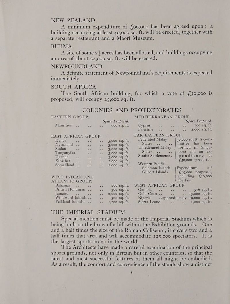 NEW ZEALAND A minimum expenditure of £60,000 has been agreed upon; a building occupying at least 40,000 sq. ft. will be erected, together with a separate restaurant and a Maori Museum. BURMA A site of some 24 acres has been allotted, and buildings occupying an area of about 22,000 sq. ft. will be erected. NEWFOUNDLAND A definite statement of Newfoundland’s requirements is expected immediately NOUTE AFRICA The South African building, for which a vote of £30,000 is proposed, will occupy 25,000 sq. ft. COLONIES AND PROTECTORATES EASTERN GROUP. MEDITERRANEAN GROUP. Space Proposed. Space Proposed. Mauritius .. Bis - 600 sq. ft. Cyprus ap He = 500 sq. ft. Palestine - so E2SOOOUSU Ets EAST AFRICAN GROUP. FAR EASTERN GROUP. Kenya L . 5,000 sq. ft. Federated Malay 50,000 sq. ft. A com- Nyasaland .. ie Rs 3,000 sq. ft. States .. ; mittee has been Sudan Ke ae sh 3,000 sq. ft. Unfederated Malay formed in Singa- Tanganyika ae 5. - e35000 ISQaity States .. -. | pore and an ex- Uganda < a .. 3,000 sq. ft. Straits Settlements. | penditure of VNVVAlloy: 5% smn 2;000 -SGaytt, : : . £50,000 agreed to. Somaliland .. se .. 2,000 sq. ft. Western Pacific— Gilbert Islands £15,000 proposed, including £10,000 for Fiji. WEST INDIAN AND Solomon Islands | Ace, of ATLANTIC GROUP. Bahamas... tie ne 200 sq.ft. WEST AFRICAN GROUP. British Honduras .. sé 300 sq. ft. Gambia He ie 5 576 sq. ft. Jamaica E ot bel pe 2 OOONSE ales Gold Coast .. ne l. igooousa. tt: Windward Islands .. ad 300 sq. ft. Nigeria . approximately 19,000 sq. ft. Falkland Islands .. pn ak 2008S: Te: Sierra Leone an Meuse2 CONS mics THE IMPERIAL STADIUM Special mention must be made of the Imperial Stadium which 1s being built on the brow of a hill within the Exhibition grounds. One and a half times the size of the Roman Coliseum, it covers two and a half times that area and will accommodate 125,000 spectators. It is the largest sports arena in the world. The Architects have made a careful examination of the principal sports grounds, not only in Britain but in other countries, so that the latest and most successful features of them all might be embodied. As a result, the comfort and convenience of the stands show a distinct