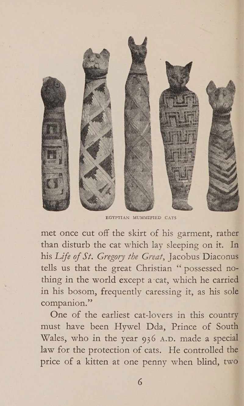 met once cut off the skirt of his garment, rather than disturb the cat which lay sleeping on it. In his Life of St. Gregory the Great, Jacobus Diaconus tells us that the great Christian “‘ possessed no- thing in the world except a:cat, which he carried in his bosom, frequently caressing it, as his sole companion.” One of the earliest cat-lovets in this country must have been Hywel Dda, Prince of South Wales, who in the year 936 A.D. made a special law for the protection of cats. He controlled the ptice of a kitten at one penny when blind, two