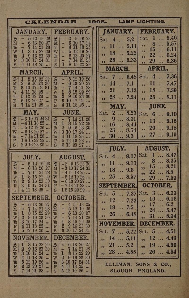LAMP LIGHTING. JANUARY. | FEBRUARY. S 5/- EB 9. oak, ok soe Hee ty |= Ree Ad. te wil Wi- 12 Th | 2 Th | - 13 g F|3 Fl- 714 . 5.33 3|4 <1 S)428 15 Riad hme Sa etent-| HEED) a eochoL S11 815 20) S/- 519 26|| |iSat: 7 ... 6.48}Sat. 4. M| 2-9 16:23 30/m| - 613 20 27||}1 ,, 14... 7.1 |,, I. {| 310 17 24 31/m|—- 714 21 28 , 18. ul 6 2t0 8 2/4) 2 818 a 0]/|| ” 28 © aaa Th 219.2 ; : Fl 6 13 20 27 | | 3.10 17 34 B. 28... 7.24) 55 Tis S| 714 21 28 1..| 8 | 4 1 18 25 __MAY, JUNE. MAY. JUNE. B28 Sat 2 = eee 8.3 a 1335 = as ... 8.44 20 | W “ W ee 8.54 99 e . |e . 9.3 | » 27. s 1s \ JULY. AUGUST,. S)- 51219 26|5|-2 916 23 30 M|- 613 20 27|M|-3 1017 2431 | —- 714 21 28|%|-41118 25... wll 815 22.29|/w|-51219 26... ti| 2 9 16 23 30] t%| -6 13 20 27 ... r}]3 1017 24 31/8]-714 2128... $| 411 18 2 ..|$|18 15 2929... SEPTEMBER.| OCTOBER. 3) — 6 13 20 27191 --4 1b 18 25 Ml=- 714 91 98|M| -— 512 19 26 11 $15 22 29|m} - 613 20 27 wl 2 916 23 30|\wl- 7 14 21 28 ti | 31017 24 ..(T%| 1 8 15 22 29 F/ 41118 25...1F|2 9 16 23 30 g| 51919 26 ...|$| 310 17 24 31 NOVEMBER. | DECEMBER. S|1 815 2220|S|- 61320 27|\|| ,, 1. | M12 91623 30/M|- 714 21 28 2 131017 24..]%11 815 22 29|/]| » 28 ... 3 # PHBA leone ‘ F613 0027 | nla ll 18 38 ELLIMAN, SONS &amp; CO., - e 317142 521 9 26 ... - SLOUGH, ENGLAND. 128 ...18 —