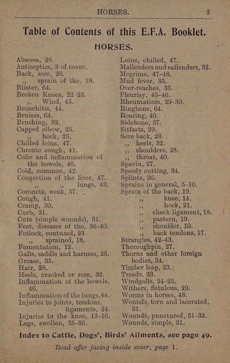 ty en Abscess, 28. Antiseptics, 3 of cover. Back, sore, 28. 1, .- Sprain of the, 19. Blister, 64. Broken Knees, 22-23. >, -- Wind, 45. Bronchitis, 44. Bruises, 64. Brushing, 33. Capped elbow, 25. EP ock ary. Chilled loins, 47. Chronic cough, 41. Colic and inflammation of the bowels, 46. Cold, common, 42. Congestion of the liver, 47. “f lungs, 45. Coronets, weak, 37. . Cough, 41. Cramp, 30. Curb, 21. Cuts (simple wounds), 31. Feet, diseases of the, 36-40. Fetlock, contused, 23 »» . Sprained, 18. Fomentation, 12. Grease, 35. Hair, 25, Heels, cracked or sore, 32. Inflammation of the bowels, 46. Inflammation of the lungs,44. Injuries to joints, tendons, Legs, swollen, 35-36. Loins, chilled, 47. Mallenders and sallenders, 32. Megrims, 47-48. Mud fever, 35. Over-reaches, 33. Pleurisy, 45-46. Rheumatism, 29-30. Ringbone, 64. Roaring, 40. Sidebone, 37. Sitfasts, 29. Sore back, 28. ,, heels, 32. ,, shoulders, 28. ,, throat, 40. Spavin, 27. Speedy cutting, 34. Splints, 26. Sprains in general, 5-10. Sprain of the back, 19. . knee, 14. ( hock, 21. ,, check ligament, 18. >» pastern, 19. ,, shoulder, 10. ,, back tendons, 17. Strangles, 42-43. Thoroughpin, 27. Thorns and other foreign bodies, 34. Timber leap, 23. Treads, 33. Windgalls, 24-25. Worms in horses, 48. Wounds, torn and lacerated, a Wounds, punctured, 31-32. Wounds, simple, 31.
