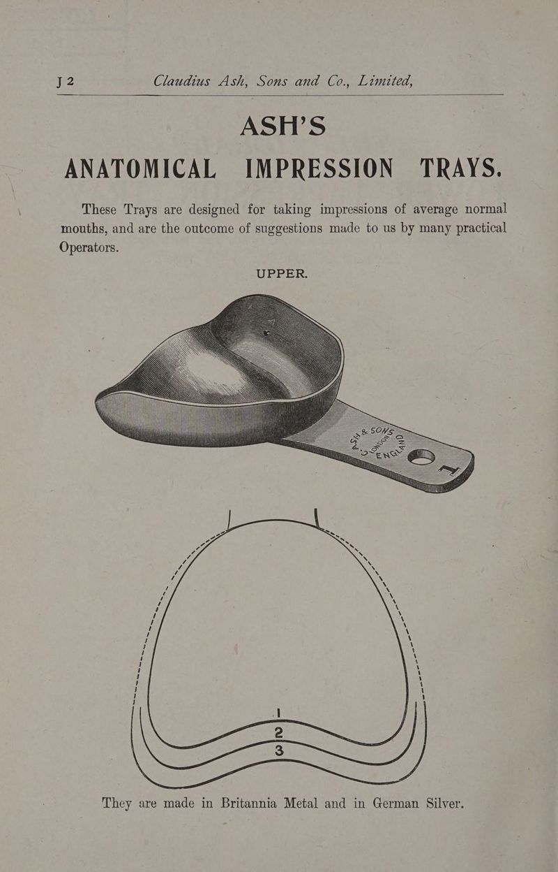 ASH’S ANATOMICAL IMPRESSION TRAYS. These Trays are designed for taking impressions of average normal mouths, and are the outcome of suggestions made to us by many practical Operators.