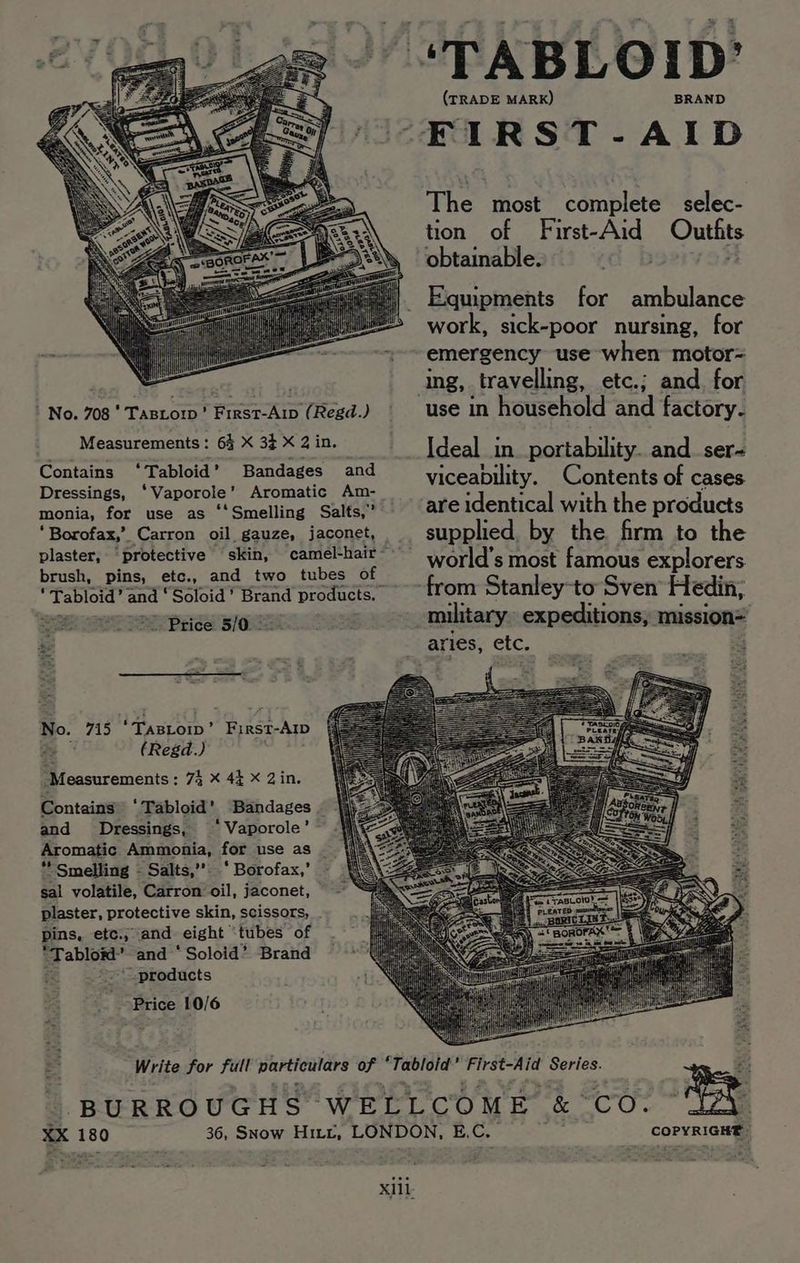 Measurements: 64 X 3¢ X 2 in. Contains ‘Tabloid’ Bandages and Dressings, ‘Vaporole’ Aromatic Am- monia, for use as ‘‘Smelling Salts,” ‘Borofax,’ Carron oil gauze, jaconet, brush, pins, etc., and two tubes of sae ee Soloid’ Brand products, _ Price 5/0. - eect No. 715 ‘TaBLoip’ AES AID (Regd.) , “Measurements : 74 X 4% X Zin. Contains® ‘Tabloid’ Bandages and Dressings, ‘Vaporole’ Aromatic Ammonia, for use as * Smelling - Salts,’ ‘ Borofax,’ sal volatile, Carron oil, jaconet, plaster, protective skin, scissors, pins. ete., and eight tubes of “Tablo#” and * Soloid’ Brand ‘ products Price 10/6 XX 1 180 (TRADE MARK) BRAND The most complete selec- tion of First-Aid Outhits obtainable. Eqmpments for ambulance emergency use when motor= use in household and factory- Ideal in portability. and_ser- viceability. Contents of cases are identical with the products supplied by the firm to the world’s most famous explorers from Stanley-to Sven Hedin, military expeditions, mission=