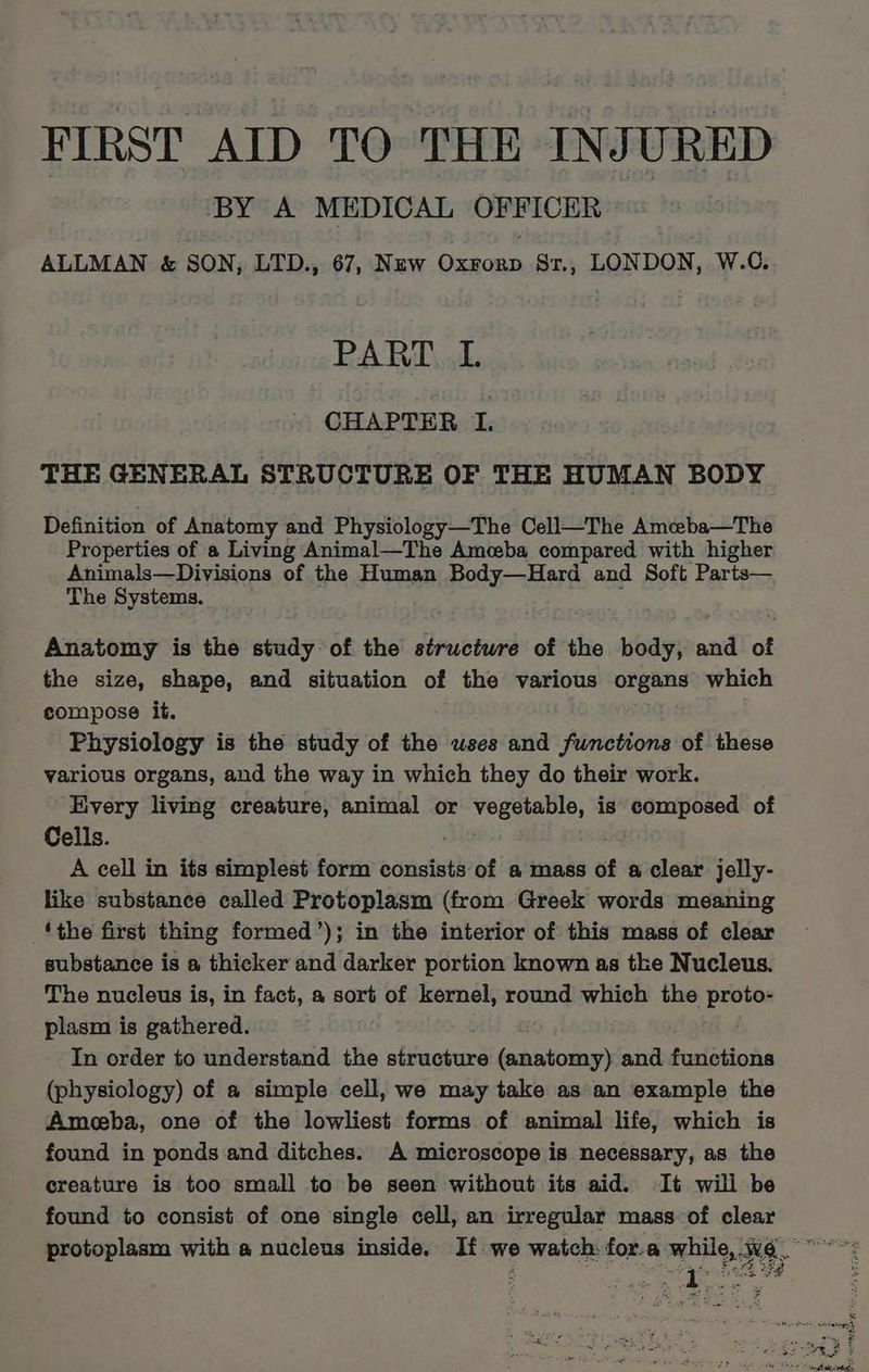 FIRST AID TO THE INJURED BY A MEDICAL OFFICER ALLMAN & SON, LTD., 67, New Oxvorp S1., LONDON, W.0. PART L CHAPTER 1 THE GENERAL STRUCTURE OF THE HUMAN BODY Definition of Anatomy and Physiology—The Cell—The Ameba—The Properties of a Living Animal—The Amceba compared with higher Animals—Divisions of the Human Body—Hard and Soft Parts— The Systems. : Anatomy is the study of the structure of the body, and of the size, shape, and situation of the various organs which compose it. Physiology is the study of the wses and functions of these various organs, and the way in which they do their work. Every living creature, animal or vegetable, is composed of Cells. A cell in its simplest form consists of a mass of a clear jelly- like substance called Protoplasm (from Greek words meaning ‘the first thing formed’); in the interior of this mass of clear substance is a thicker and darker portion known as the Nucleus. The nucleus is, in fact, a sort of kernel, round which the proto- plasm is gathered. In order to understand the structure (anatomy) and functions (physiology) of a simple cell, we may take as an example the Ameeba, one of the lowliest forms of animal life, which is found in ponds and ditches. A microscope is necessary, as the creature is too small to be seen without its aid. It will be found to consist of one single cell, an irregular mass of clear