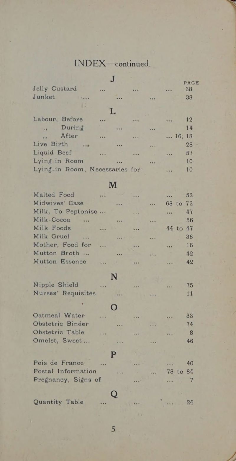 INDEX—continued. - J PAGE Jelly Custard ane SA awe 38 Junket have ae na 38 L Labour, Before “ee aoe ate 12 an During ae can 14 a After ae ae ws) 16> 18 Live Birth a —— er, 28 Liquid Beef aes ee oat 57 Lying-in Room tes ane 10 Lying-in Room, Necessaries for ies 10 M Malted Food aes aay ae 52 Midwives’ Case Pe «a 68) tol 72 Milk, To Peptonise ... me A AT Milk-Cocoa A ee hy 56 Milk Foods cae a8 44 to 47 Milk Gruel aa ist ie 36 Mother, Food for... aes wwe 16 Mutton Broth ... ats re 42 Mutton Essence es aay 3% 42 N Nipple Shield cs ee fe 75 Nurses’ Requisites i it 11 : O Oatmeal Water wide Ses in 33 Obstetric Binder “de a 74 Obstetric Table for See Bats 8 Omelet, Sweet... : “ne Re 46 le Pois de France ah A ets 40 Postal Information Re soe ofheWehoy ey: Pregnancy, Signs of ue ne 7 Quantity Table ss bs meee 24