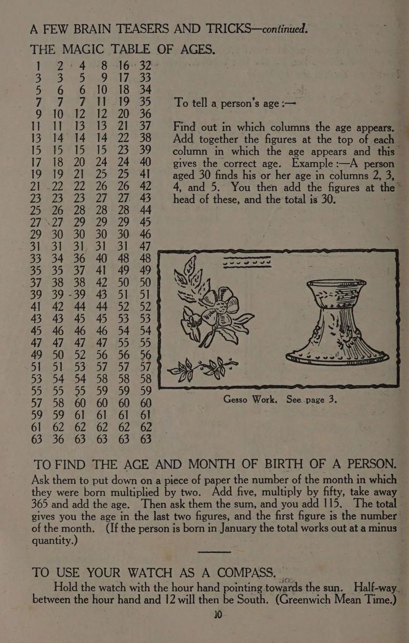 A FEW BRAIN TEASERS AND TRICKS—continued. THE MAGIC TABLE OF AGES. TBP S955 To tell a person’s age = 1} 11 13 13 21 37 Find out in which columns the age appears. - 13 14 14 14 22 38 Add together the figures at the top of each 15 a? S523 39 column in which the age appears and this’ 17 18 20 24 24 40 — gives the correct age. Example :—A person 19 192 212 25 2541 aged 30 finds his or her age in columns 2, 3, 21.22 22 26 26 42 4, and 5. You then add the figures at the” 25923 2327 2S head of these, and the total is 30. 57 58 60 60 60 60 Gesso Work. See page 3. TO FIND THE AGE AND MONTH OF BIRTH OF A PERSON. Ask them to put down on a piece of paper the number of the month in which they were born multiplied by two. Add five, multiply by fifty, take away 365 and add the age. Then ask them the sum, and you add 115. The total gives you the age in the last two figures, and the first figure is the number of the month. (If the person is born in January the total works out at a minus quantity.) TO USE YOUR WATCH AS A COMPASS. Hold the watch with the hour hand pointing towards the sun. Half-way. between the hour hand and 12 will then be South. (Greenwich Mean Time.)