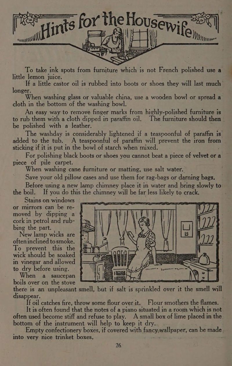 Fe ints for, for’ the Housewig. el . ca tll = OF H ial | i he you To take ink spots from furniture which is not French polished use a little lemon juice. If a little castor oil is tubbed into boots or shoes they will last much’ longer. When washing glass or valuable china, use a wooden bowl or spread a cloth in the bottom of the washing bowl. An easy way to remove finger marks from highly-polished furniture is to rub them with a cloth dipped in paraffin oil. The furniture should then be polished with a leather. 5s The washday is considerably lightened if a teaspoonful of paraffin is added to the tub. A teaspoonful of paraffin will prevent the iron ae sticking if it is put in the bowl of starch when mixed. For polishing black boots or shoes you cannot beat a piece of velvet or a piece of pile carpet. When washing cane furniture or matting, use salt water. Save your old pillow cases and use them for rag-bags or darning bags. Before using a new lamp chimney place it in water and bring slowly to the boil. If you do this the chimney will be far less likely to crack. Stains on windows or mirrors can be re- moved by dipping a cork in petrol and rub- bing the part. New lamp wicks are ofteninclined tosmoke. To prevent this the wick should be soaked in vinegar and allowed to dry before using. When a saucepan boils over on the stove a 3 there is an unpleasant smell, but if salt is pai ted over it the smell will disappear. If oil catches fire, throw some flour over it. Flour smothers the-flames. It is often found that the notes of a piano situated in a room which is not often used become stiff and refuse to play. A small box of lime placed in the bottom of the instrument will help to keep it dry.. Empty confectionery boxes, if covered with bach wallpaper, can be made into very nice trinket boxes.