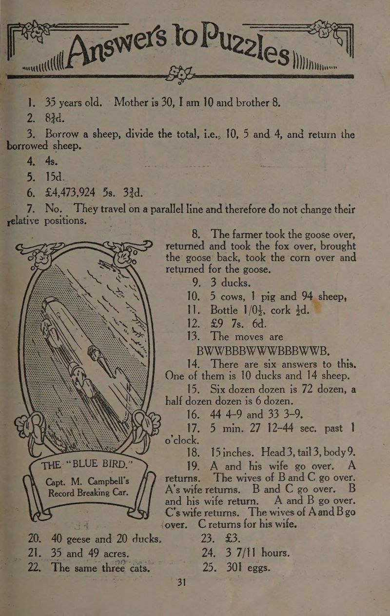 r | Answers han) Stu swt (( ° ]. 35 years old. - Mother is 30, I am 10 and brother 8. 2. 83d. 3. Borrow a sheep, divide the total, ie., 10, 5 and 4, and return the borrowed sheep. 4, 4s. a 1d. 6. £4,473,924 5s. 33d. 7. No. They travel on a parallel line and therefore do not change their relative positions. 8. The farmer took the goose over, returned and took the fox over, brought the goose back, took the corn over and retumed for the goose. 9. 3 ducks. 10. 5 cows, | pig and 94 sheep, 11. Bottle 1/03, cork 4d. © » 12. £9 7s. 6d. 13. The moves are BWWBBBWWWBBBWWB. 14. There are six answers to this. One of them is 10 ducks and 14 sheep. 15. Six dozen dozen is 72 dozen, a half dozen dozen is 6 dozen. 16. 44 4-9 and 33 3-9, 17. 5 min. 27 12-44 sec. past 1} o'clock. 18. 15inches. Head3, tail3, body 9. 19. A and his wife go over, A returns. The wives of Band C go over. _ 21. 35 and 49 acres. 24. 3 7/11 hours. 22. The same three cats. 25. 301 eggs.