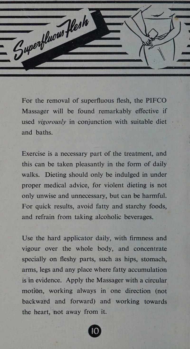 Massager will be found remarkably effective if used vigorously in conjunction with suitable diet and baths. Exercise is a necessary part of the treatment, and this can be taken pleasantly in the form of daily walks. Dieting should only be indulged in under proper medical advice, for violent dieting is not only unwise and unnecessary, but can be harmful. For quick results, avoid fatty and starchy foods, and refrain from taking alcoholic beverages. Use the hard applicator daily, with firmness and vigour over the whole body, and concentrate specially on fleshy parts, such as hips, stomach, arms, legs and any place where fatty accumulation is in evidence. Apply the Massager with a circular motion, working always in one direction (not backward and forward) and working towards the heart, not away from it. ©