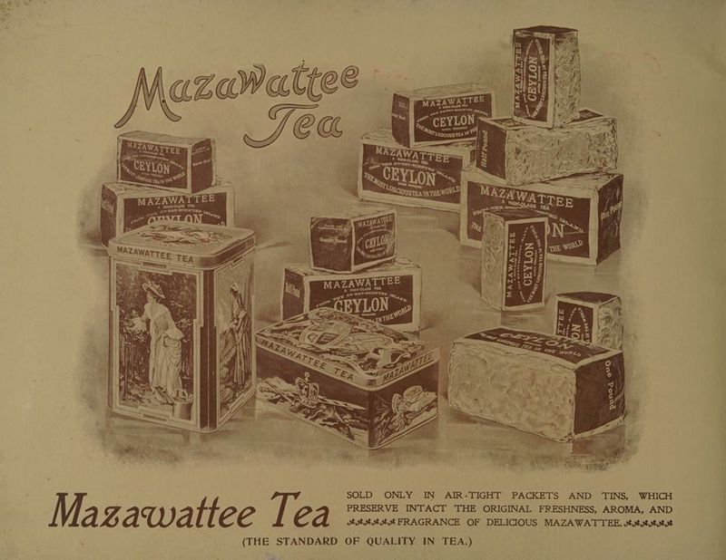 WHE Prone - <e 3 “’scious ‘Tas 1M S27 RORNTED anew MRAy, <” CEYLON * Cx, wucn PReDvers oe) F °Sr Luscious teas Half Pound Ae, 7 | Seuerasstt® _ AZAWATTEE A HIGH CLAD TA sw ZET-SCENTED SOLD ONLY IN AIR-TIGHT PACKETS AND TINS, WHICH PRESERVE INTACT THE ORIGINAL FRESHNESS, AROMA, AND a Z a Wa f h é é Te a AAA MM FRAGRANCE OF DELICIOUS MAZAWATTEE, 2utstststus (THE STANDARD OF QUALITY IN TEA.)