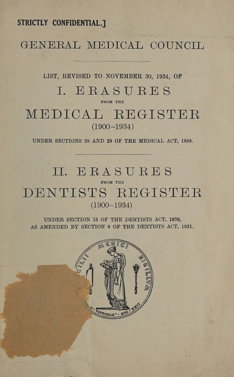 STRICTLY CONFIDENTIAL. ] GENERAL MEDICAL COUNCIL LIST, REVISED TO NOVEMBER 30, 1934, OF BREA, 8 Re S FROM THE MEDICAL REGISTER (1900-1934) UNDER SECTIONS 28 AND 29 OF THE MEDICAL ACT, 1858. nm BRASURES FROM THE DENTISTS REGISTER (1900-1934) UNDER SECTION 13 OF THE DENTISTS ACT, 1878,