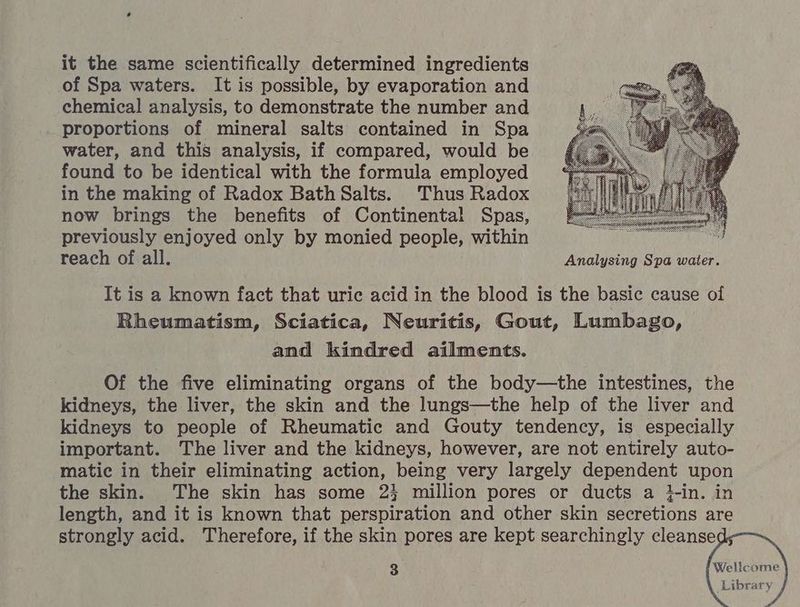 it the same scientifically determined ingredients of Spa waters. It is possible, by evaporation and chemical analysis, to demonstrate the number and proportions of mineral salts contained in Spa water, and this analysis, if compared, would be found to be identical with the formula employed in the making of Radox Bath Salts. Thus Radox now brings the benefits of Continental Spas, previously enjoyed only by monied people, within ; reach of all. Analysing Spa water. It is a known fact that uric acid in the blood is the basic cause of Rheumatism, Sciatica, Neuritis, Gout, Lumbago, — and kindred ailments. Of the five eliminating organs of the body—the intestines, the kidneys, the liver, the skin and the lungs—the help of the liver and kidneys to people of Rheumatic and Gouty tendency, is especially important. The liver and the kidneys, however, are not entirely auto- matic in their eliminating action, being very largely dependent upon the skin. The skin has some 23 million pores or ducts a 2-in. in length, and it is known that perspiration and other skin secretions are strongly acid. Therefore, if the skin pores are kept searchingly cleanse Wellcome Library