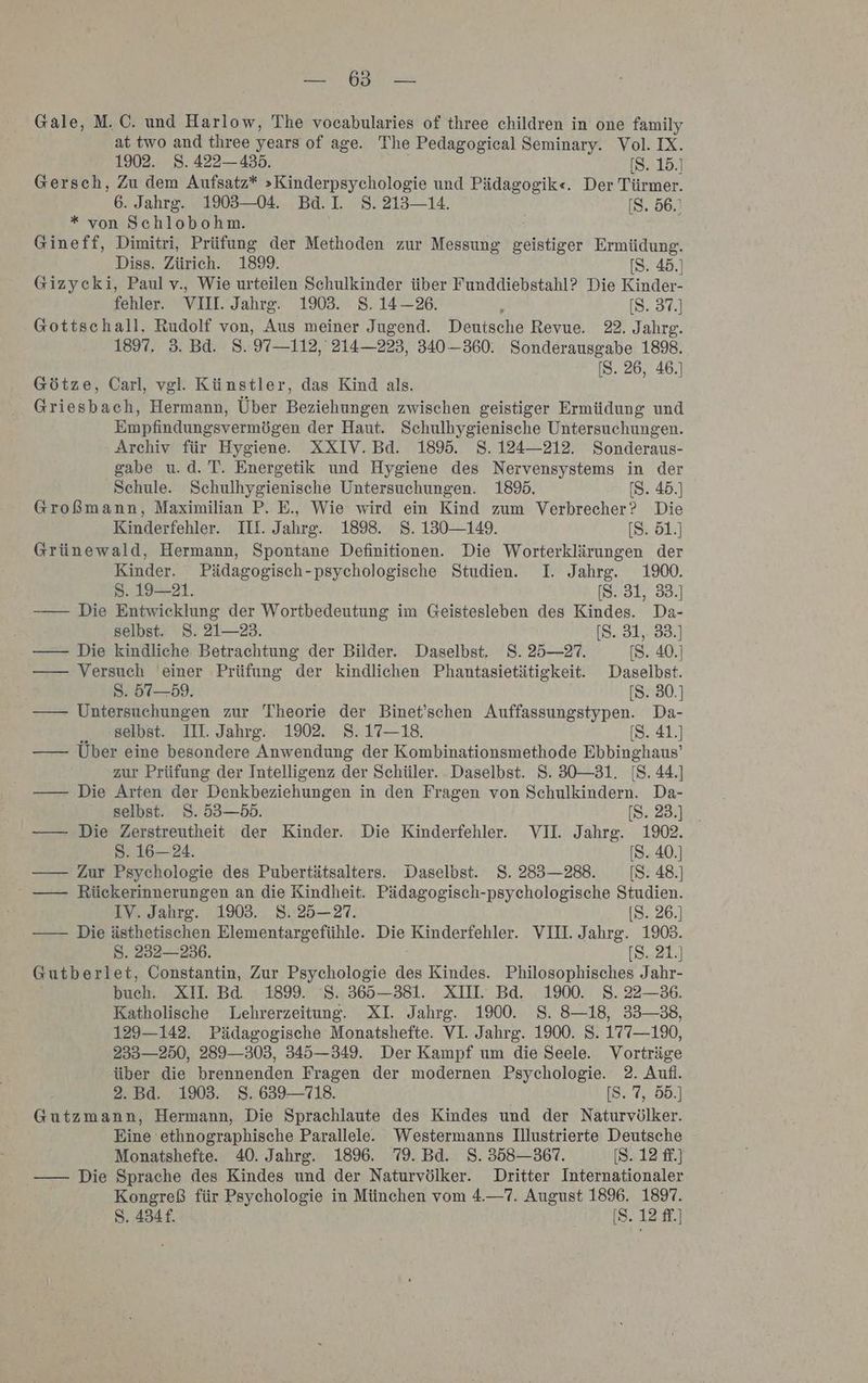 EN On Gale, M.C. und Harlow, The vocabularies of three children in one family at two and three years of age. The Pedagogieal Seminary. Vol. IX. 1902. 8. 422—435. [S. 15.] Gersch, Zu dem Aufsatz* »Kinderpsychologie und Pädagogik«. Der Türmer. 6. Jahrg. 1903—04. Bd.I. 8. 213—14. [S. 56.) * von Schlobohm. Gineff, Dimitri, Prüfung der Methoden zur Messung geistiger Ermüdung. Diss. Zürich. 189. [S. 45.] Gizycki, Paul v., Wie urteilen Schulkinder über Funddiebstahl? Die Kinder- fehler. VII. Jahrg. 1903. 8. 14-26. e [S. 37.] Gottschall, Rudolf von, Aus meiner Jugend. Deutsche Revue. 22. Jahrg. 1897, 3. Bd. 8. 97—112, 214—223, 340—360. Sonderausgabe 1898. [S. 26, 46.] Götze, Carl, vgl. Künstler, das Kind als. Griesbach, Hermann, Über Beziehungen zwischen geistiger Ermüdung und Empfindungsvermögen der Haut. Schulhygienische Untersuchungen. Archiv für Hygiene XXIV.Bd. 1895. 8. 124—212. Sonderaus- gabe u.d. T. Energetik und Hygiene des Nervensystems in der Schule. Schulhygienische Untersuchungen. 189. [S. 45.] Großmann, Maximilian P. E., Wie wird ein Kind zum Verbrecher? Die Kinderfehler. III. Jahrg. 1898. $. 130—149. [S. 51.] Grünewald, Hermann, Spontane Definitionen. Die Worterklärungen der Kinder. Pädagogisch-psychologische Studien. I. Jahrg. 1900. 8. 19—21. [S. 31, 33.] —— Die Entwicklung der Wortbedeutung im Geistesleben des Kindes. Da- selbst. S. 21—23. [8..81,-88.] —— Die kindliche Betrachtung der Bilder. Daselbst. 8. 25—27. [S. 40.) —— Versuch einer Prüfung der kindlichen Phantasietätigkeit. Daselbst. S. 57—59. [S. 30.] —— Untersuchungen zur Theorie der Binet’schen Auffassungstypen. Da- ‚selbst. IIL. Jahrg. 1902. 8. 17—18. [S. 41.] —— Über eine besondere Anwendung der Kombinationsmethode Ebbinghaus’ zur Prüfung der Intelligenz der Schüler. .Daselbst. S. 30—31. [S. 44.] —— Die Arten der Denkbeziehungen in den Fragen von Schulkindern. Da- selbst. S. 53—52. [S. 23.] —— Die Zerstreutheit der Kinder. Die Kinderfehler. VII. Jahrg. 1902. S. 16—24. [S. 40.] —— Zur Psychologie des Pubertätsalters. Daselbst. $. 283—288. [S. 48.] —— Rückerinnerungen an die Kindheit. Pädagogisch-psychologische Studien. IV. Jahrg. 1903. 8. 25—27. [S. 26.] —— Die ästhetischen Elementargefühle. Die Kinderfehler. VII. Jahrg. 1903. S. 232—236. [S. 21.] Gutberlet, Constantin, Zur Psychologie des Kindes. Philosophisches Jahr- buch. XII. Bd. 1899. S. 365—381. XII. Bd. 1900. 8. 22—36. Katholische Lehrerzeitung. XI. Jahrg. 1900. 8. 8—18, 33—38, 129—142. Pädagogische Monatshefte. VI. Jahrg. 1900. S. 177—190, 233—250, 289—303, 345—349. Der Kampf um die Seele. Vorträge über die brennenden Fragen der modernen Psychologie. 2. Aufl. 2.Bd. 1903. 8. 639—718. [S. 7, 55.] Gutzmann, Hermann, Die Sprachlaute des Kindes und der Naturvölker. Eine ethnographische Parallele. Westermanns Illustrierte Deutsche Monatshefte. 40. Jahrg. 189. 79. Bd. 8. 358—367. [8.12 fk.] —— Die Sprache des Kindes und der Naturvölker. Dritter Internationaler Kongreß für Psychologie in München vom 4.—7. August 1896. 1897. S. 434f. [S. 12 ff.]