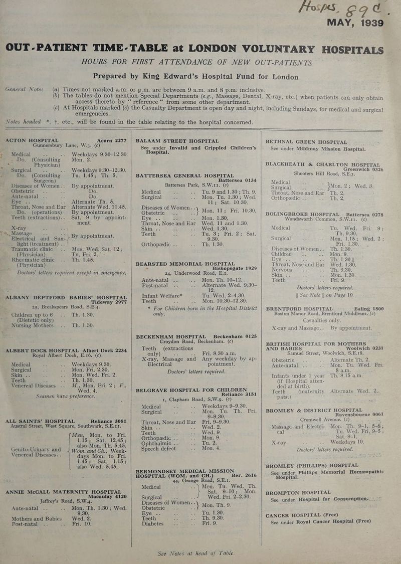 — [tsps og @ | MAY, 1939 General Notes access thereto by ‘ when patients can only obtain emergencies. ACTON HOSPITAL Acorn 2277 Medical ae ne - Do, (Consulting * Physician) _ Surgical ae ze Do. (Consulting Surgeon) Diseases of Women... Obstetric : Ante-natal Eye .. Do. (operations) Teeth (extractions).. X-ray “Blectrical and Sun- light (treatment) .. Traumatic clinic (Physician) Rheumatic clinic (Physician) Weekdays 9,30-12.30 Mon. 2. Weekdays 9.30-12,30. Tu. 1.45; Th. 5. By appointment. Do. Do. Alternate Th. 5. By appointment. Sat. 9 by appoint- ment. | By appointment. Mon. Wed. Sat. 12; Mi, Bri 2 > Th. 1.45. ~ Children up to 6 (Dietetic only) _ Nursing Mothers HOSPITAL Tideway 2977 S.E.4. Th. 1,30. Th, 1.30. Medical Surgical Skin... _ Teeth boa - Venereal Diseases Weekdays 9.30. Mon. Fri. 2.30. Mon. Wed. Fri. 2. hd-30; M., Mon. Fri. 2 ; Wed. 4. 12 Reliance 3081 Genito-Urinary and Venereal Diseases. . Men, Mon. to Fri. Y5)s Sat: 12.45 ; also Mon. Th. 5.45. Wom. and Ch., Week- days Mon. to Fri. Hea5ts Sate Vs15; also Wed. 5.45. Macaulay 4120 Ante-natal Mothers and Babies Post-natal Mon. Th. 1.30 ; Wed. 9.30. Wed. 2. Fri. 10 See under Hospital. Medical Tu. 9 and 1.30 ; Th. 9. Surgical Mon. Tu, 1.30; Wed. 1 Sat.1 0:30! pe ae ie Mons 113 Fri. 10.30. Eye . b ; Mon, 1.30, Teroat, Nose and Ear. Wed. 11 and 1.30. Skin .. § Wed. 1.30. Teeth Diss ries Sat, 9.30. | Orthopedic .. Th. 1.30 Ante-natal Post-natal Infant Welfare* Teeth Be only. Battersea 0134 Bishopsgate 1929 Mon. Th. 10-12.. Alternate Wed. 9. 30- 12 Tu. Wed. 2-4.30. Mon. 10.30-12.30. Croydon Road, ~ Teeth (extractions only) X-ray, Massage and Electrical BELGRAVE HOSPITA Medical Surgical Throat, Nose and Ear Skint. Teeth ye Orthopedic .. Ophthalmic .. Speech defect Beckenham. (c) Fri. 8.30 a.m, Any weekday by ap- pointment. L FOR CHILDREN Reliance 3151 Weekdays 9-9.30. Mon. (fu. th.) Fri, 9-9.30. Fri, 9-9.30. Wed. 2. Medical Surgical Diseases of Women. Obstetric Eye .. Teeth Diabetes a Ber. 2616 S.E.1. aa Tu. Wed, Th. Sat. 9-10; - Mon. Wed. Fri. 2-2,30, 4 Mon. Th. 9. Tu. 1.30: Th, 9.30. Fri. 9. | | | BETHNAL GREEN HOSPITAL See under Mildmay Mission Hospital. BLACKHEATH & CHARLTON HOSPITAL Greenwich 0326 Shooters Hill Road, S.E.3. Medical Surgical Mon, 2; Wed. 3 Throat, Nose and Ear Thi:2; Orthopzedic at Th. 2. BOLINGBROKE HOSPITAL Battersea 0278 Wandsworth Common, S.W.11. (c) Medical Tu. Wed. -Fri: 9; Th, 9.30, Surgical Mon. 1.15; Wed. 2; Fri. 1.30. Diseases of Women.. Th. 1:30. Children Mon. 9, Eye .. Th. 1,30.|| Throat, Nose and Ear Wed. 1.30. Nervous Th. 9.30. Skin... Mon. 1.30, Teeth Pt, os Doctors letters required, || See Note || on Page 10. BRENTFORD HOSPITAL Ealing 1800 Boston Manor Road, Brentford Middlesex..(c) Casualties only. X-ray and Massage... By appointment. BRITISH HOSPITAL FOR MOTHERS AND BABIES Woolwich 0231 Samuel Street, Woolwich, 5.E.18. Obstetric Alternate Th. 2. Ante-natal Mon. . Tu. Wed. Fri. 8 a.m. Infants under 1 year Th, 8.15 a.m. (if Hospital atten- ded at birth). Teeth (maternity Alternate Wed. 2. -pats.) BROMLEY & DISTRICT HOSPITAL Ravensbourne 0063 Cromwell Avenue. (c) Massage-and Electri- Mon. Th. 9-1, 5-8; cal Tu. Wed. Fri. 9-5 ; Sat. 9-1. X-ray Weekdays 10. Doctors’ letters required. BROMLEY (PHILLIPS) HOSPITAL See under Phillips Memorial Singers Hospital. BROMPTON HOSPITAL See under Hospital for Consumption. ”. CANCER HOSPITAL (Free) See under Royal Cancer Hospital (Free)