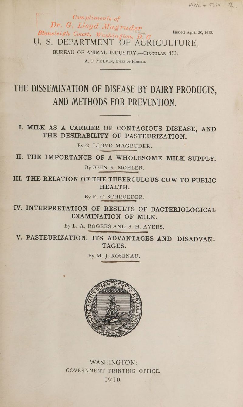 y\ \V as TIS Compliments of Stoneleigh , = ihe U. S. DEPARTMENT OF AGRICULTURE, BUREAU OF ANIMAL INDUSTRY.—CrrcuLarR 153. A. D. MELVIN, Cuter oF Bureau. Issued April 28, 1910. THE DISSEMINATION OF DISEASE BY DAIRY PRODUCTS, AND METHODS FOR PREVENTION. I. MILK AS A CARRIER OF CONTAGIOUS DISEASE, AND THE DESIRABILITY OF PASTEURIZATION. By G. ei MAGRUDER. II: THE IMPORTANCE OF A WHOLESOME MILK SUPPLY. By JOHN R. MOHLER. iit. THE RELATION OF THE TUBERCULOUS COW TO PUBLIC HEALTH. By E. C. SCHROEDER. IV. INTERPRETATION OF RESULTS OF BACTERIOLOGICAL EXAMINATION OF MILK. By L. A. ROGERS AND S. H. AYERS. | [EEE V. PASTEURIZATION, ITS ADVANTAGES AND DISADVAN- TAGES. By M. J. ROSENAU.