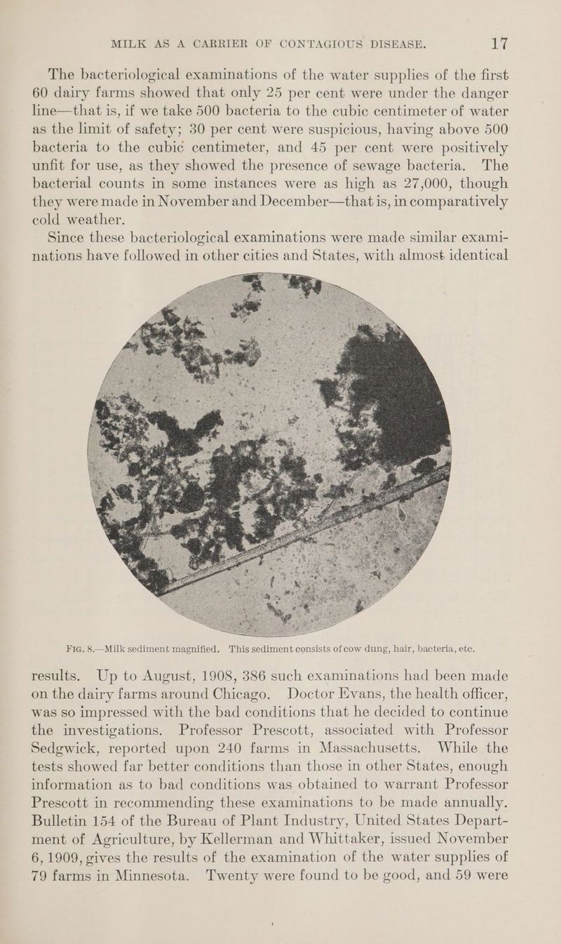 The bacteriological examinations of the water supplies of the first 60 dairy farms showed that only 25 per cent were under the danger line—that is, if we take 500 bacteria to the cubic centimeter of water as the limit of safety; 30 per cent were suspicious, having above 500 bacteria to the cubic centimeter, and 45 per cent were positively unfit for use, as they showed the presence of sewage bacteria. The bacterial counts in some instances were as high as 27,000, though they were made in November and December—that is, in comparatively cold weather. Since these bacteriological examinations were made similar exami- nations have followed in other cities and States, with almost identical Fig. 8.—Milk sediment magnified. This sediment consists of cow dung, hair, bacteria, etc. results. Up to August, 1908, 386 such examinations had been made on the dairy farms around Chicago. Doctor Evans, the health officer, was so impressed with the bad conditions that he decided to continue the investigations. Professor Prescott, associated with Professor Sedgwick, reported upon 240 farms in Massachusetts. While the tests showed far better conditions than those in other States, enough information as to bad conditions was obtained to warrant Professor Prescott in recommending these examinations to be made annually. Bulletin 154 of the Bureau of Plant Industry, United States Depart- ment of Agriculture, by Kellerman and Whittaker, issued November 6, 1909, gives the results of the examination of the water supplies of 79 farms in Minnesota. Twenty were found to be good, and 59 were