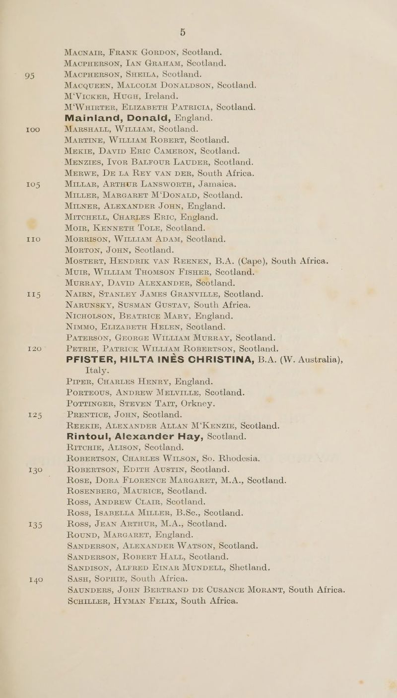Macnatr, FRANK GORDON, Scotland. MAcPHERSON, [AN GRAHAM, Scotland. 95 MACPHERSON, SHEILA, Scotland. MacaqurEEeNn, MAtco~tm DONALDSON, Scotland. M‘Vicker, Hues, Ireland. M‘WuirteEerR, ELIZABETH PatTrRicrA, Scotland. Mainiand, Donald, England. 100 MARSHALL, WILLIAM, Scotland. MaArTINE, WILLIAM RoBERT, Scotland. Mexie, Davip Eric CAMERON, Scotland. Menzies, Ivor BALFOoUR LAUDER, Scotland. Merwe, DE LA REY VAN DER, South Africa. 105 MittarR, ARTHUR LANSWORTH, Jamaica. MILLER, MARGARET M‘DONALD, Scotland. Mitner, ALEXANDER JOHN, England. MITCHELL, CHARLES Eric, England. » Morr, KennetH TOLe, Scotland. IIo Morrison, WILLIAM ADAM, Scotland. Morton, JOHN, Scotland. MostEertT, HENDRIK VAN REENEN, B.A. (Cape), South Africa. Mutr, WitLIAM THOMSON FISHER, Scotland. Murray, Davip ALEXANDER, Scotland. II5 NAIRN, STANLEY JAMES GRANVILLE, Scotland. NARUNSKY, SUSMAN GusTAV, South Africa. NiIcHOLSON, BEATRICE Mary, England. Nimmo, ELIzABETH HELEN, Scotland. PATERSON, GEORGE WILLIAM MuRRAY, Scotland. 120 PeTrRI£, Patrick WILLIAM RoBERTSON, Scotland. PFISTER, HILTA INES CHRISTINA, B.A. (W. Australia), Italy. Piper, CHARLES Henry, England. PortEous, ANDREW MELVILLE, Scotland. POTTINGER, STEVEN Tart, Orkney. 125 PRENTICE, JOHN, Scotland. REEKIE, ALEXANDER ALLAN M‘KeEnziz, Scotland. Rintoul, Alexander Hay, Scotland. RitcHie£, ALISon, Scotland. ROBERTSON, CHARLES WILSON, So. Rhodesia. 130 RoBERTSON, Evirx Austin, Scotland. ' Rosse, Dora FLORENCE MARGARET, M.A., Scotland. ROSENBERG, Maurice, Scotland. Ross, ANDREW CLAIR, Scotland. Ross, IsaBELLA Minter, B.Sc., Scotland. 135 Ross, JEAN ARTHUR, M.A., Scotland. RounpD, MARGARET, England. SANDERSON, ALEXANDER WATSON, Scotland. SANDERSON, RoBertT HAtt, Scotland. SANDISON, ALFRED EINAR MUNDELL, Shetland. 140 SAsH, SOPHIE, South Africa. SAUNDERS, JOHN BERTRAND DE CUSANCE MORANT, South Africa. SCHILLER, HyMAN FELIx, South Africa.