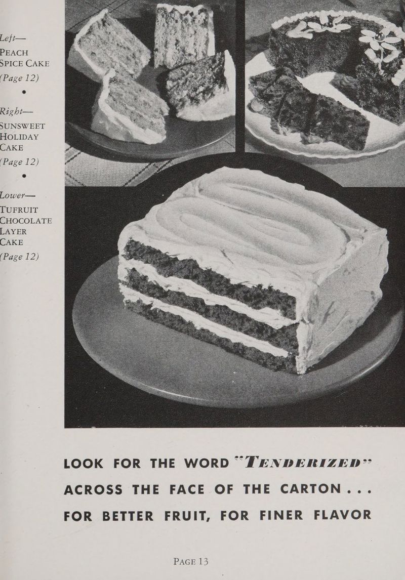 PEACH SPICE CAKE (Page 12) Right— SUNSWEET HOLIDAY CAKE (Page 12) Lower— TUFRUIT CHOCOLATE LAYER CAKE (Page 12)