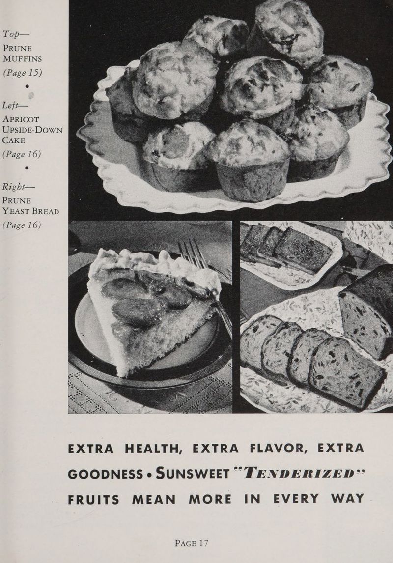 Top— PRUNE MUFFINS (Page 15) Left— APRICOT UPSIDE-DOWN CAKE (Page 16) Right— PRUNE YEAST BREAD (Page 16) GOODNESS e SUNSWEET TENDERIZED” FRUITS MEAN MORE IN EVERY WAY