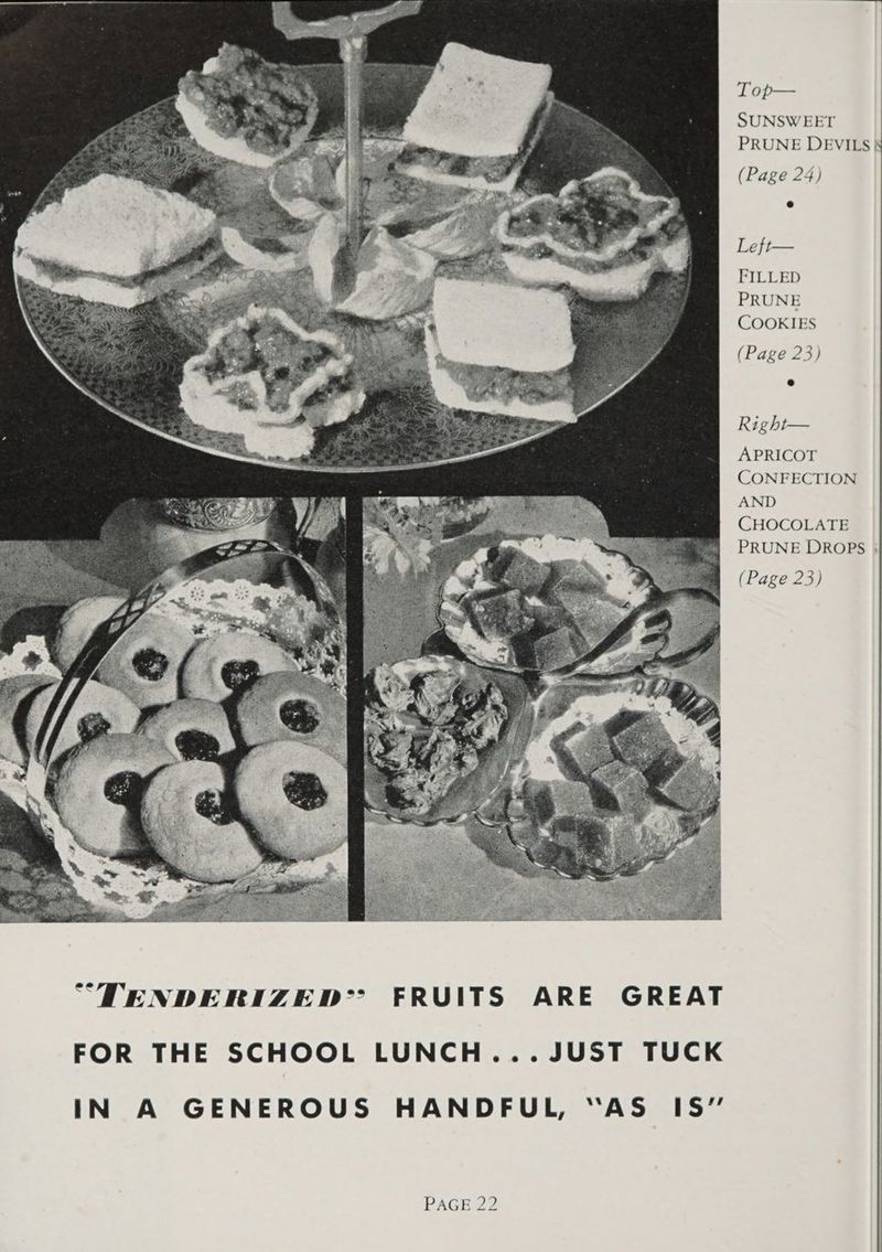 IN A GENEROUS HANDFUL, “AS PAGE 22 1S” Top— SUNSW EET PRUNE DEVILS 8 (Page 24) Left— FILLED PRUNE COOKIES (Page 23) Right— APRICOT CONFECTION AND CHOCOLATE PRUNE DROPS ;