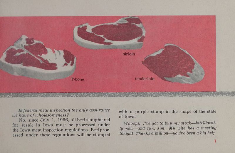 Is federal meat inspection the only assurance we have of wholesomeness ? No, since July 1, 1966, all beef slaughtered for resale in lowa must be processed under the Iowa meat inspection regulations. Beef proc- essed under these regulations will be stamped with a purple stamp in the shape of the state of Iowa. Whoops! I’ve got to buy my steak—intelligent- ly now—and run, Jim. My wife has a meeting tonight. Thanks a million—you’ve been a big help.
