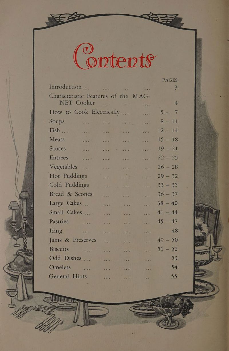 (Ontent Introduction -. Characteristic Features of the MAG- NET Cooker How to Cook Electrically |... Soups Fish ..:. Meats Sauces Entrees Vegetables ‘Hot Puddings Cold Puddings Bread &amp; Scones Large Cakes .... Small Cakes .. Pastries Icing Biscuits ae Odd Dishes .... Omelets General Hints