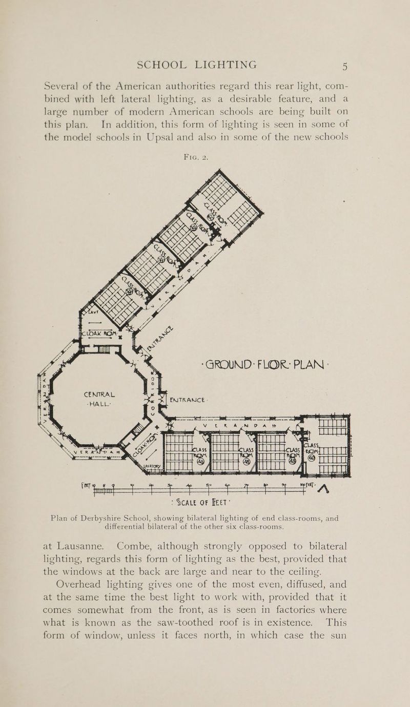 Several of the American authorities regard this rear light, com- bined with left lateral lighting, as a desirable feature, and a large number of modern American schools are being built on this plan. In addition, this form of lighting is seen in some of the model schools in Upsal and also in some of the new schools Fia. 2. Plan of Derbyshire School, showing bilateral lighting of end class-rooms, and differential bilateral of the other six class-rooms. at Lausanne. Combe, although strongly opposed to bilateral lighting, regards this form of lighting as the best, provided that the windows at the back are large and near to the ceiling. Overhead lighting gives one of the most even, diffused, and at the same time the best light to work with, provided that it comes somewhat from the front, as is seen in factories where what is known as the saw-toothed roof is in existence. This form of window, unless it faces north, in which case the sun